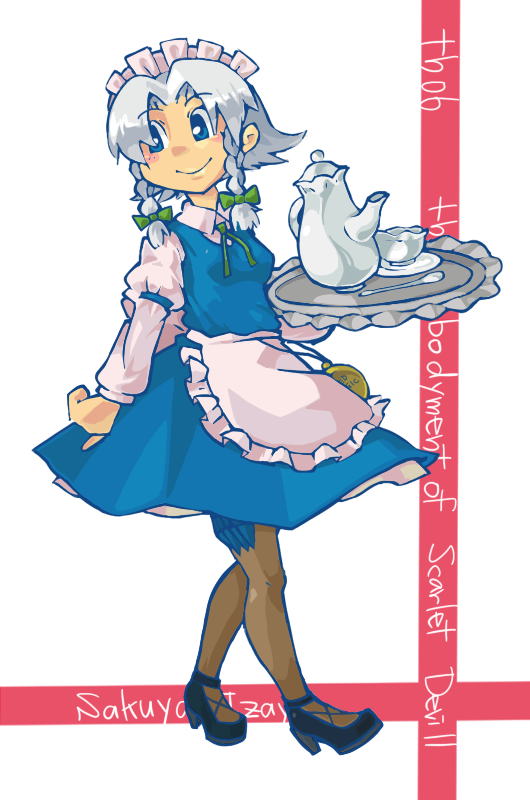 nurunuru, izayoi sakuya, touhou, silver hair, 1girl, blue eyes, braid, cup, female focus, knife, short hair, smile, solo, teacup, teapot, throwing knife, tray, twin braids, weapon