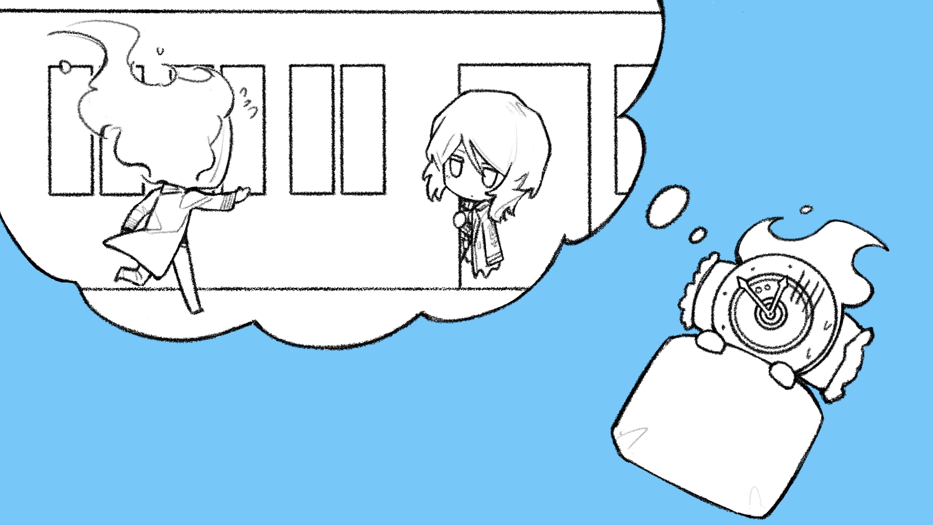 ivy (675671), dante (limbus company), faust (project moon), limbus company, project moon, commentary, highres, symbol-only commentary, 1girl, 1other, blanket, blue background, chibi, chibi only, clock, coat, coat on shoulders, dated commentary, dreaming, fire, flaming head, flying sweatdrops, greyscale with colored background, hands up, mephistopheles (project moon), object head, peeking out, pillow, running, short hair, simple background, speech bubble, thought bubble