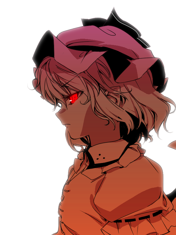 tonbi, remilia scarlet, touhou, bad id, bad pixiv id, 1girl, female focus, frown, glowing, glowing eyes, hat, mob cap, profile, red eyes, serious, short hair, simple background, solo, upper body