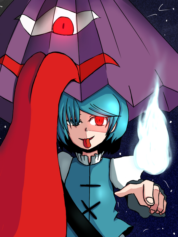 honmaguro akami, yuily, tatara kogasa, touhou, 1girl, :p, blue eyes, blue hair, female focus, heterochromia, karakasa obake, matching hair/eyes, red eyes, short hair, solo, tongue, tongue out, umbrella