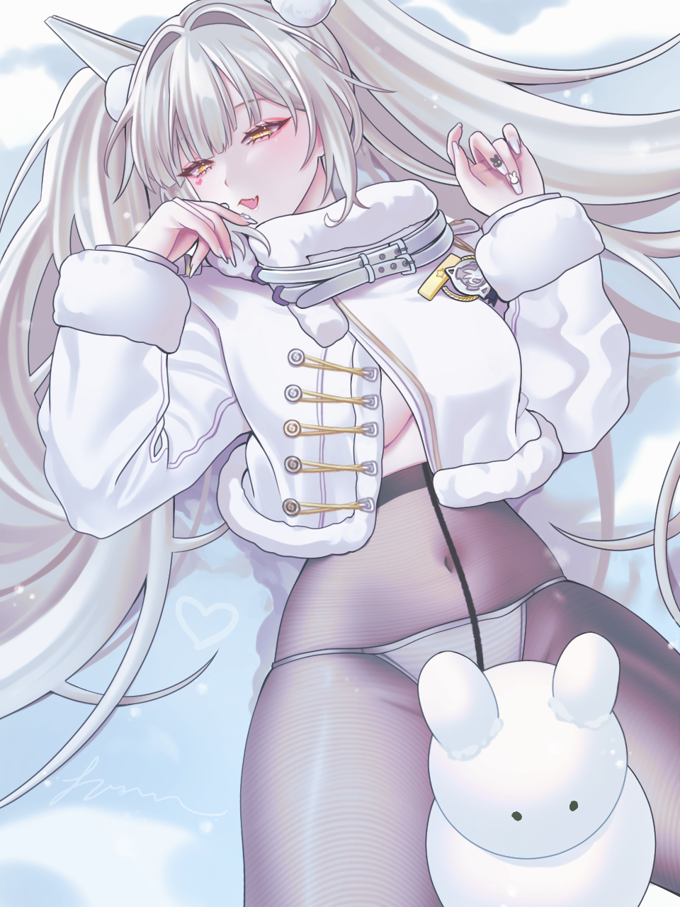 huazhimaru0, blanc (fortune express) (nikke), blanc (nikke), goddess of victory: nikke, commentary, highres, symbol-only commentary, 1girl, black pantyhose, breasts, coat, covered navel, large breasts, long hair, lying, official alternate costume, official alternate hairstyle, on back, panties, panties under pantyhose, pantyhose, snow, snowman, solo, twintails, underwear, very long hair, white coat, white hair, white panties, winter clothes, winter coat, yellow eyes
