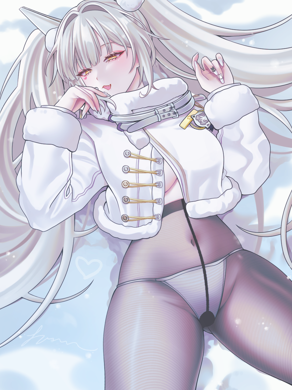 huazhimaru0, blanc (fortune express) (nikke), blanc (nikke), goddess of victory: nikke, commentary, highres, symbol-only commentary, 1girl, black pantyhose, breasts, coat, covered navel, large breasts, long hair, lying, official alternate costume, official alternate hairstyle, on back, panties, panties under pantyhose, pantyhose, snow, solo, twintails, underwear, very long hair, white coat, white hair, white panties, winter clothes, winter coat, yellow eyes