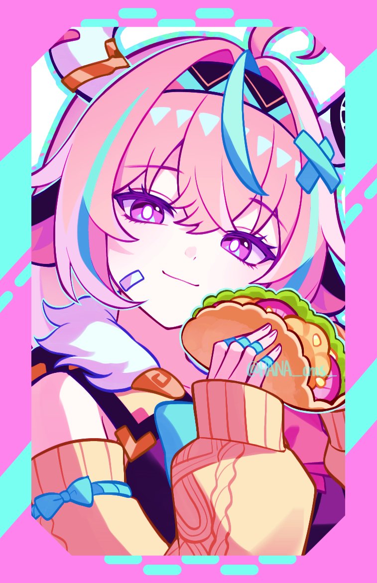 hana cms, varesa (genshin impact), genshin impact, hashtag-only commentary, 1girl, animal ears, aqua hair, breasts, closed mouth, cow ears, cow horns, food, fur trim, hairband, holding, holding food, horns, long hair, multicolored hair, pink hair, purple eyes, smile, solo, streaked hair, taco, yellow sleeves