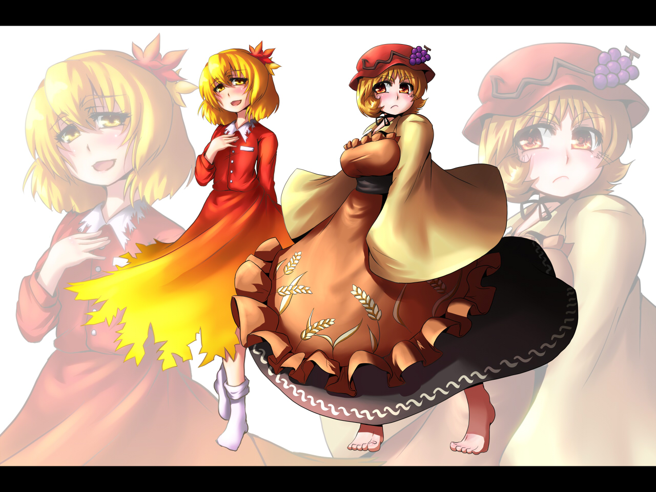 tora (pixiv), tora (trampjing), aki minoriko, aki shizuha, touhou, 2girls, barefoot, blonde hair, breasts, female focus, hair ornament, hat, large breasts, leaf, leaf hair ornament, letterboxed, multiple girls, short hair, siblings, sisters, zoom layer