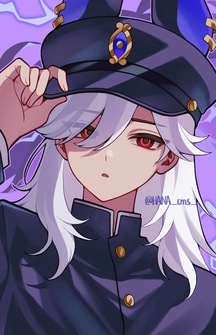 hana cms, cyno (genshin impact), genshin impact, hashtag-only commentary, 1boy, animal ears, animal hat, black hat, black shirt, hair between eyes, hat, jackal ears, long hair, male focus, open mouth, red eyes, school uniform, shirt, solo, white hair