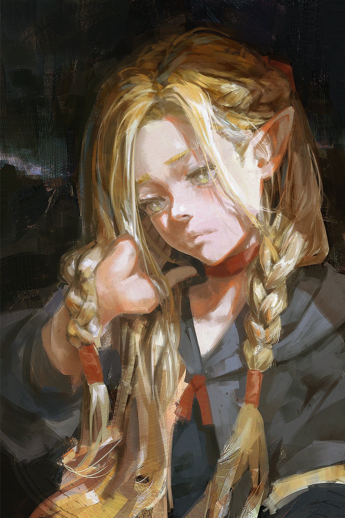 pluvium grandis, marcille donato, dungeon meshi, commentary, commission, english commentary, highres, 1girl, blonde hair, braid, capelet, choker, closed mouth, elf, green eyes, long hair, nose, pointy ears, red choker, solo, upper body
