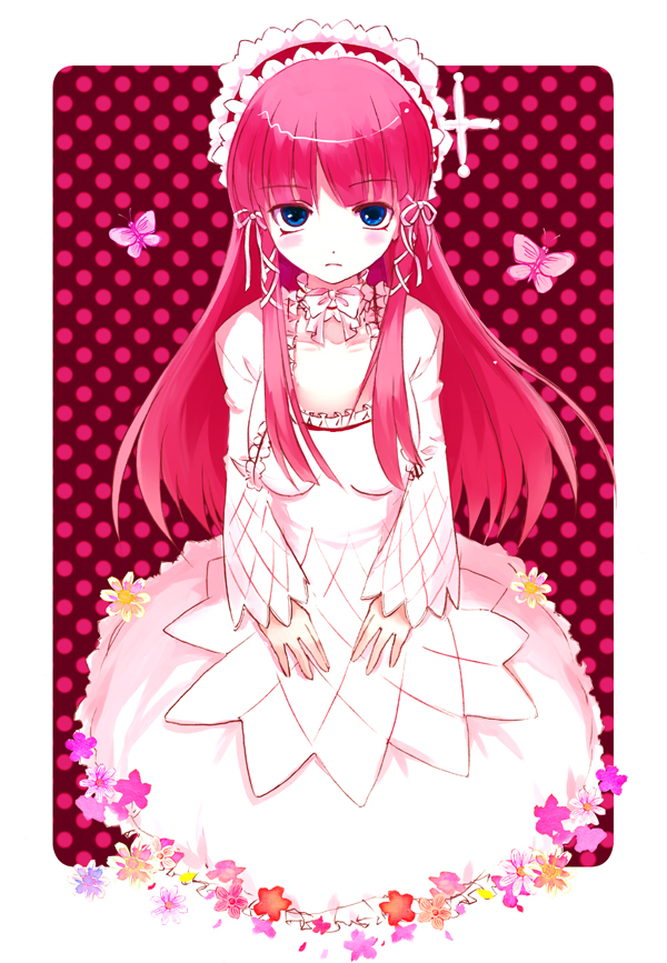 yucca, yukka (yucca u), yoshino chidori, atlus, persona, persona 3, bad id, bad pixiv id, 1girl, blue eyes, bug, butterfly, female focus, gothic lolita, insect, lolita fashion, red hair, solo