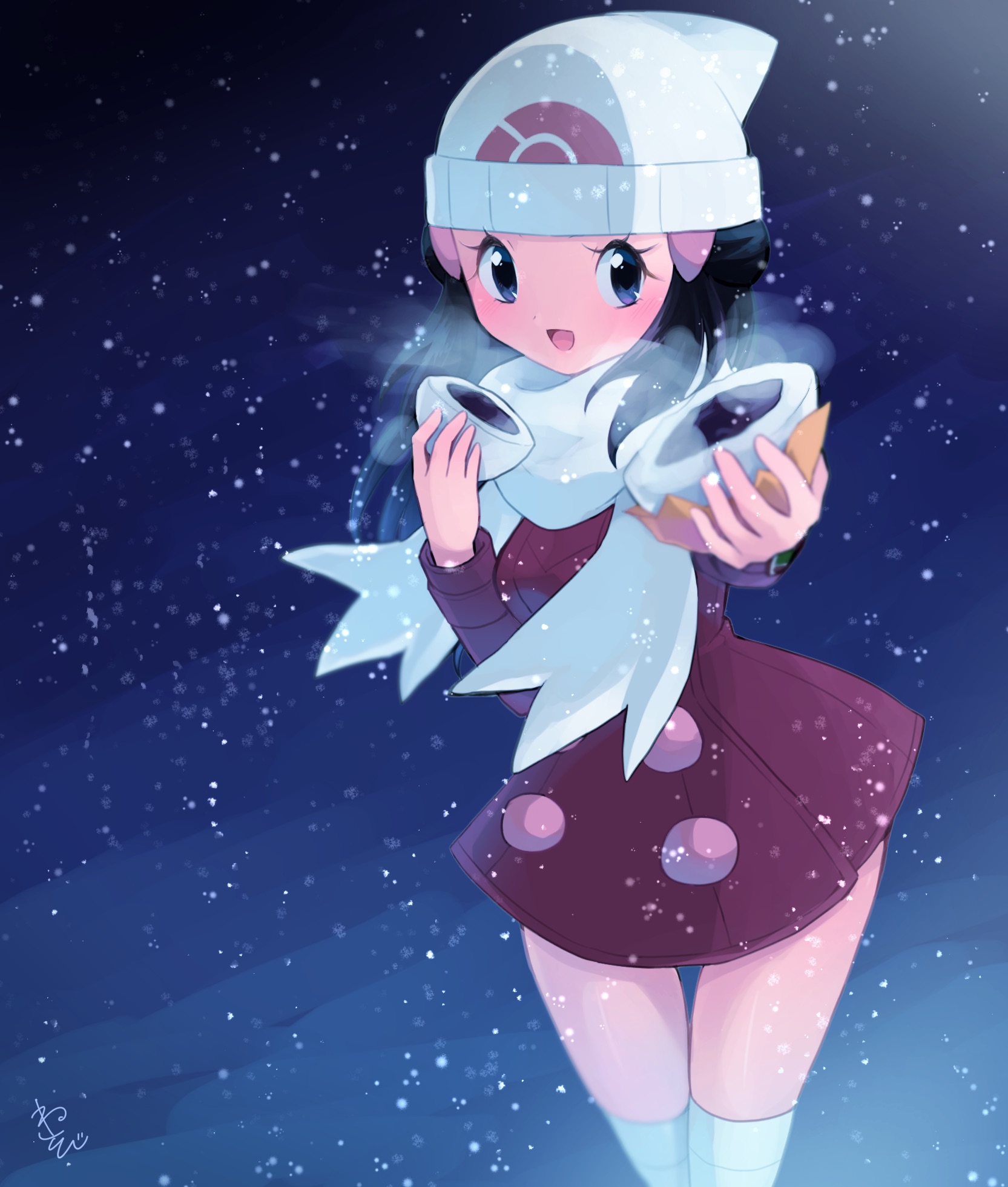 sawarabi (sawarabi725), dawn (pokemon), nintendo, pokemon, pokemon dppt, 1girl, food, scarf, sharing food, snow, solo