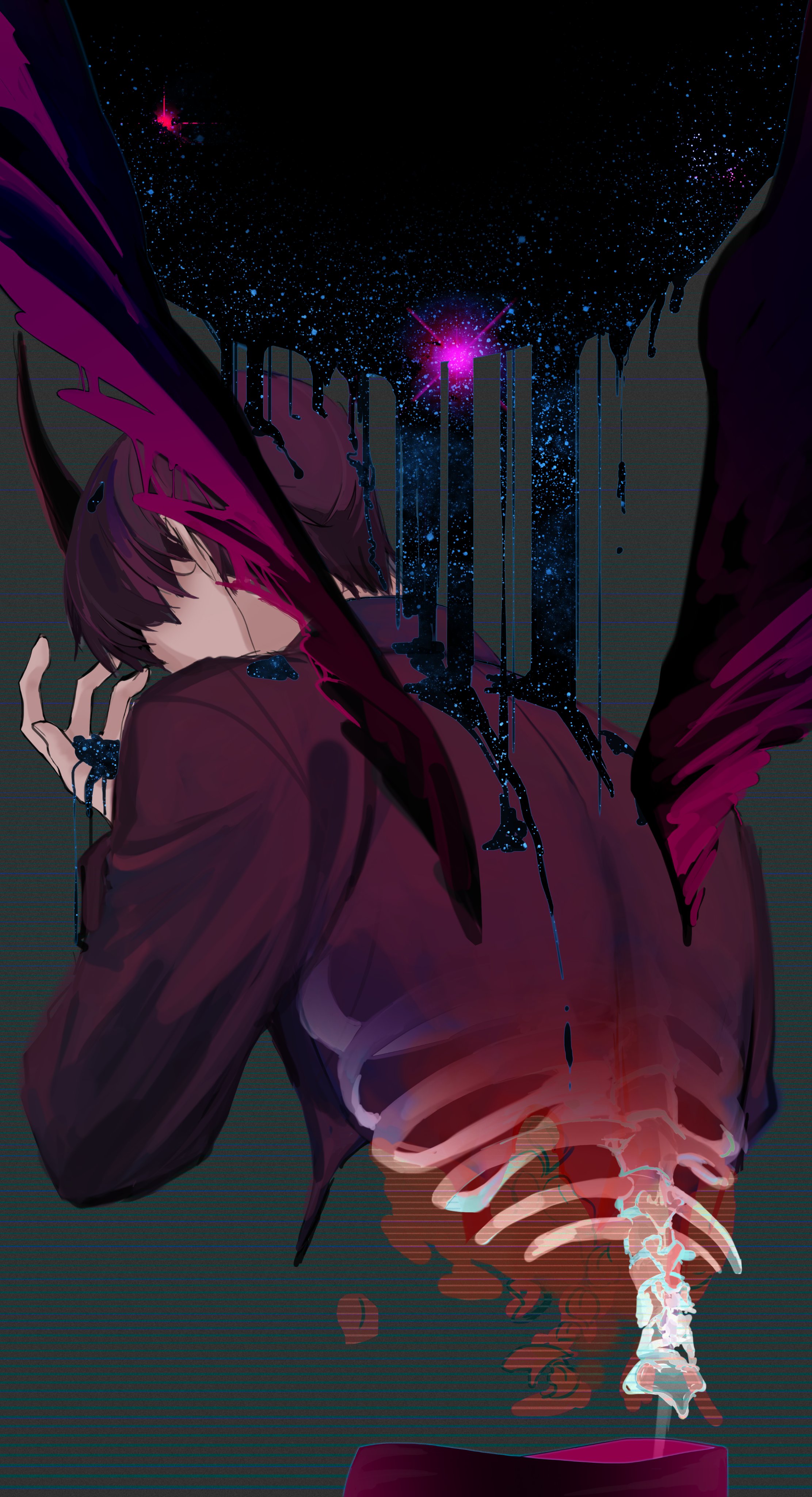 hayu beck, kim dokja, omniscient reader's viewpoint, absurdres, commentary request, highres, korean commentary, 1boy, black coat, black hair, black wings, bleeding, blood, body horror, coat, demon horns, dripping, facing away, feathered wings, hands up, horns, ribs, severed torso, short hair, skeleton, spine, starry sky print, wings, x-ray