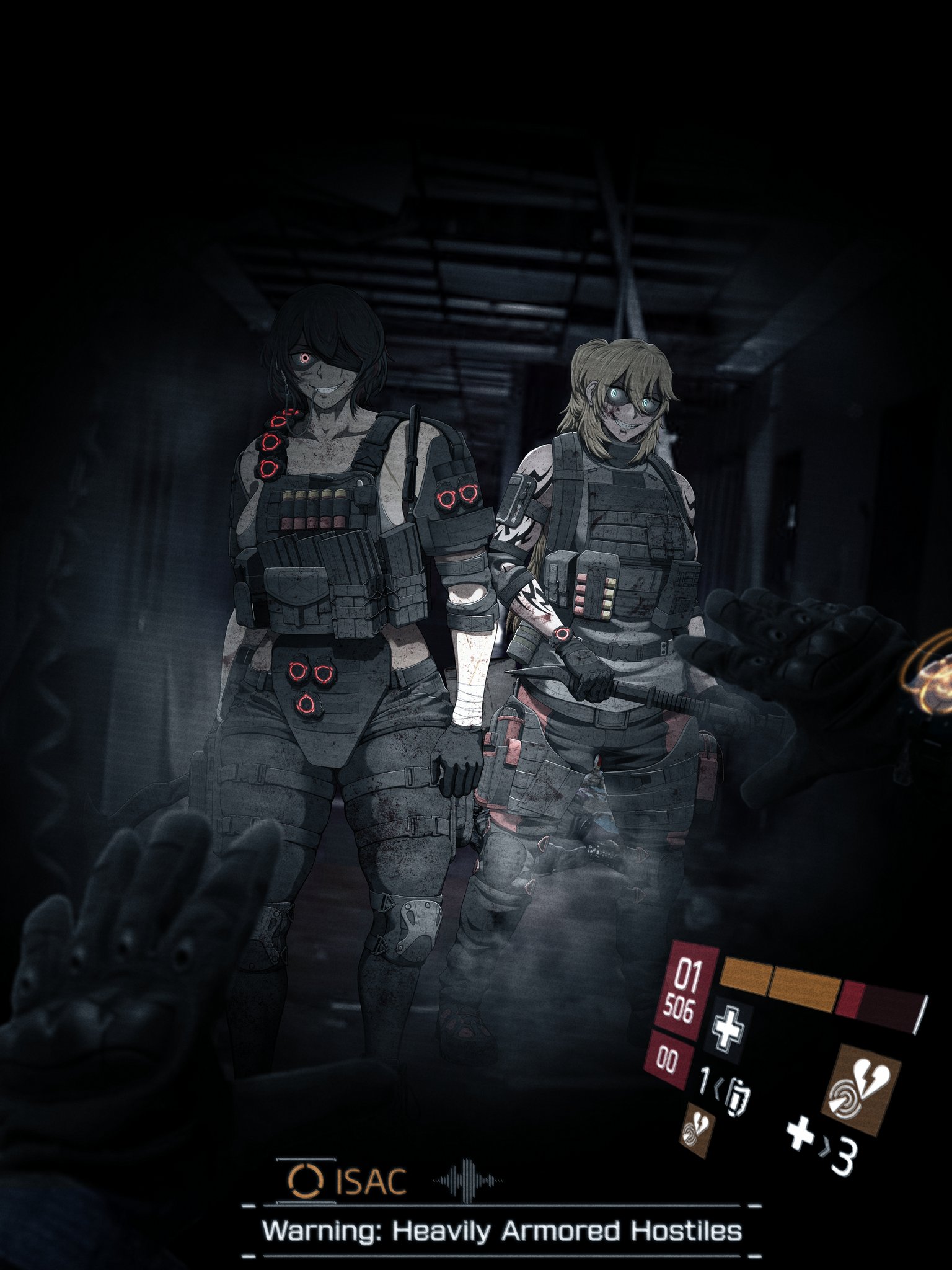 victorsechs, original, tom clancy's the division, highres, 2girls, ammunition pouch, bulletproof vest, crazy smile, gloves, holding, holding weapon, long hair, looking at viewer, multiple girls, pouch, smartwatch, smile, solo, watch, weapon, wristwatch