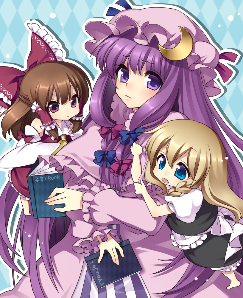 masaru.jp, hakurei reimu, kirisame marisa, patchouli knowledge, touhou, bad id, bad pixiv id, 3girls, blonde hair, blue eyes, book, bow, braid, brown hair, chibi, detached sleeves, female focus, hat, japanese clothes, long hair, miko, multiple girls, pink bow, purple eyes, purple hair, short hair