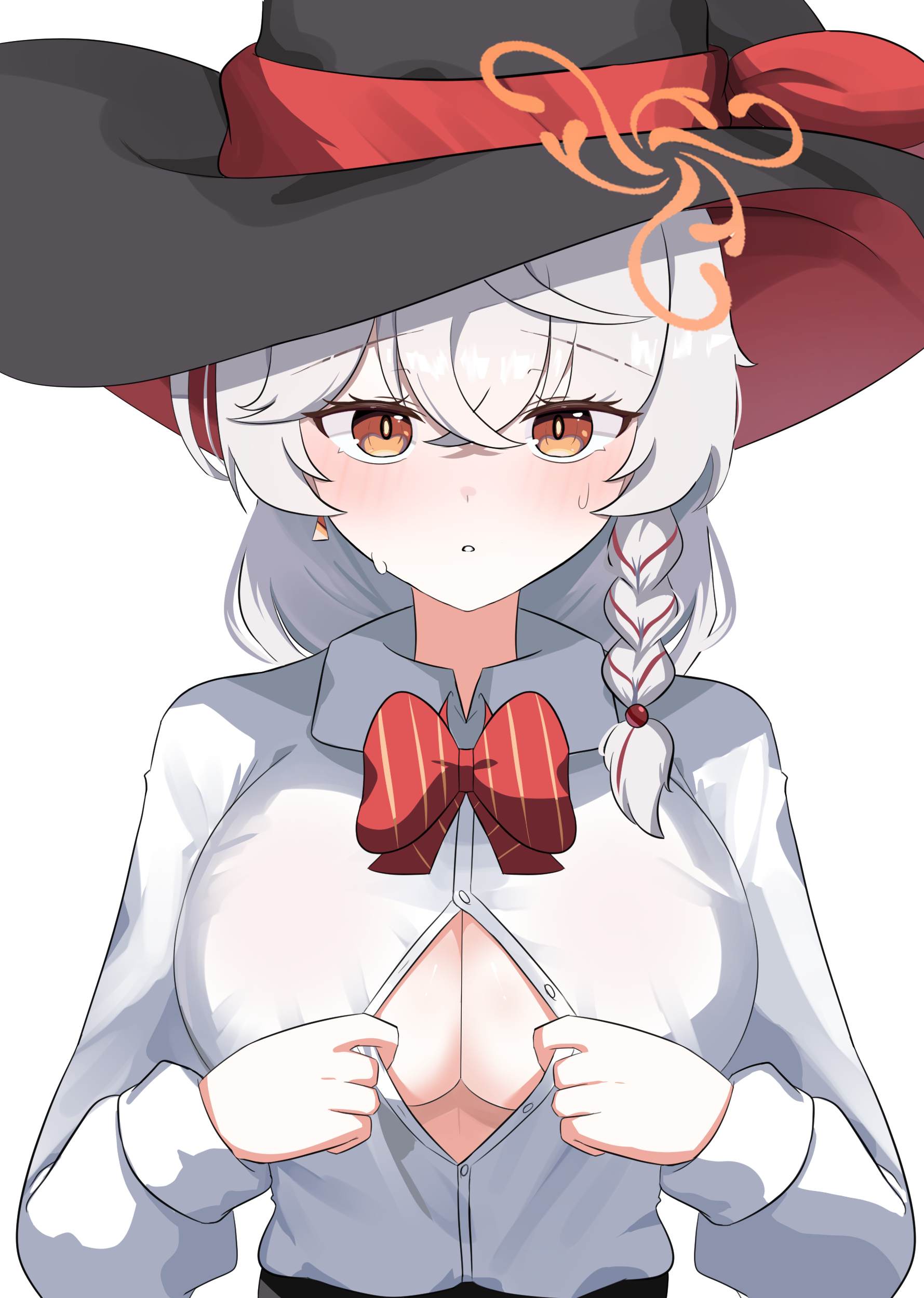 sabnak66, eri (blue archive), blue archive, absurdres, commentary request, highres, 1girl, bow, braid, breasts, cleavage, collared shirt, earrings, hair between eyes, halo, hat, jewelry, large breasts, long sleeves, looking at viewer, orange eyes, orange halo, red bow, shirt, side braid, solo, sweat, tilted halo, upper body, white hair, witch hat