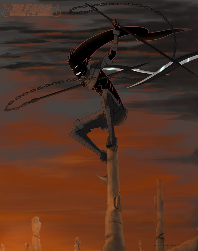 kazeshini, bleach, bleach: zanpakutou ibun hen, sinister, spoilers, 00s, 1boy, bandages, chain, copyright name, grin, long hair, male focus, personification, smile, solo, weapon