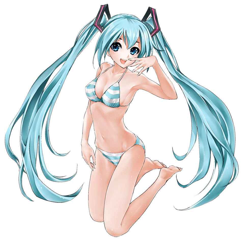 maruyama, hatsune miku, vocaloid, 1girl, aqua hair, armpits, barefoot, bikini, feet, female focus, legs, long hair, smile, solo, striped bikini, striped clothes, swimsuit, twintails, very long hair