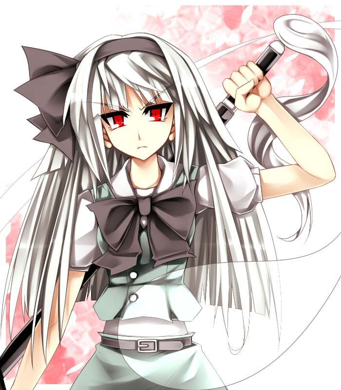 kazetto, konpaku youmu, konpaku youmu (ghost), touhou, silver hair, bad id, bad pixiv id, 1girl, aged up, alternate hair length, alternate hairstyle, belt, female focus, fighting stance, ghost, hairband, hitodama, katana, long hair, ready to draw, red eyes, sheath, sheathed, solo, sword, tsurime, weapon