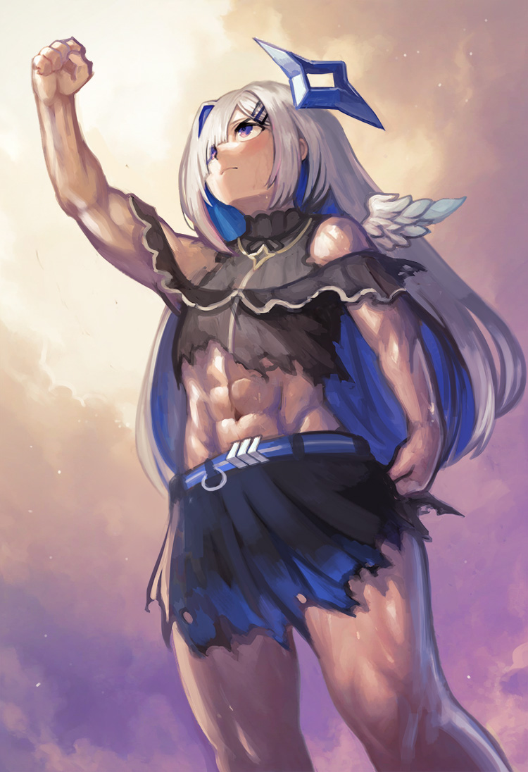 yilx, amane kanata, hokuto no ken, hololive, commentary, 1girl, abs, angel, angel wings, bare shoulders, blue hair, colored inner hair, feathered wings, flat chest, frills, from below, hair ornament, hair over one eye, halo, hand up, i don't have a single regret in my life, long hair, looking up, mini wings, multicolored hair, muscular, muscular female, navel, purple eyes, skirt, sky, sleeveless, virtual youtuber, wings