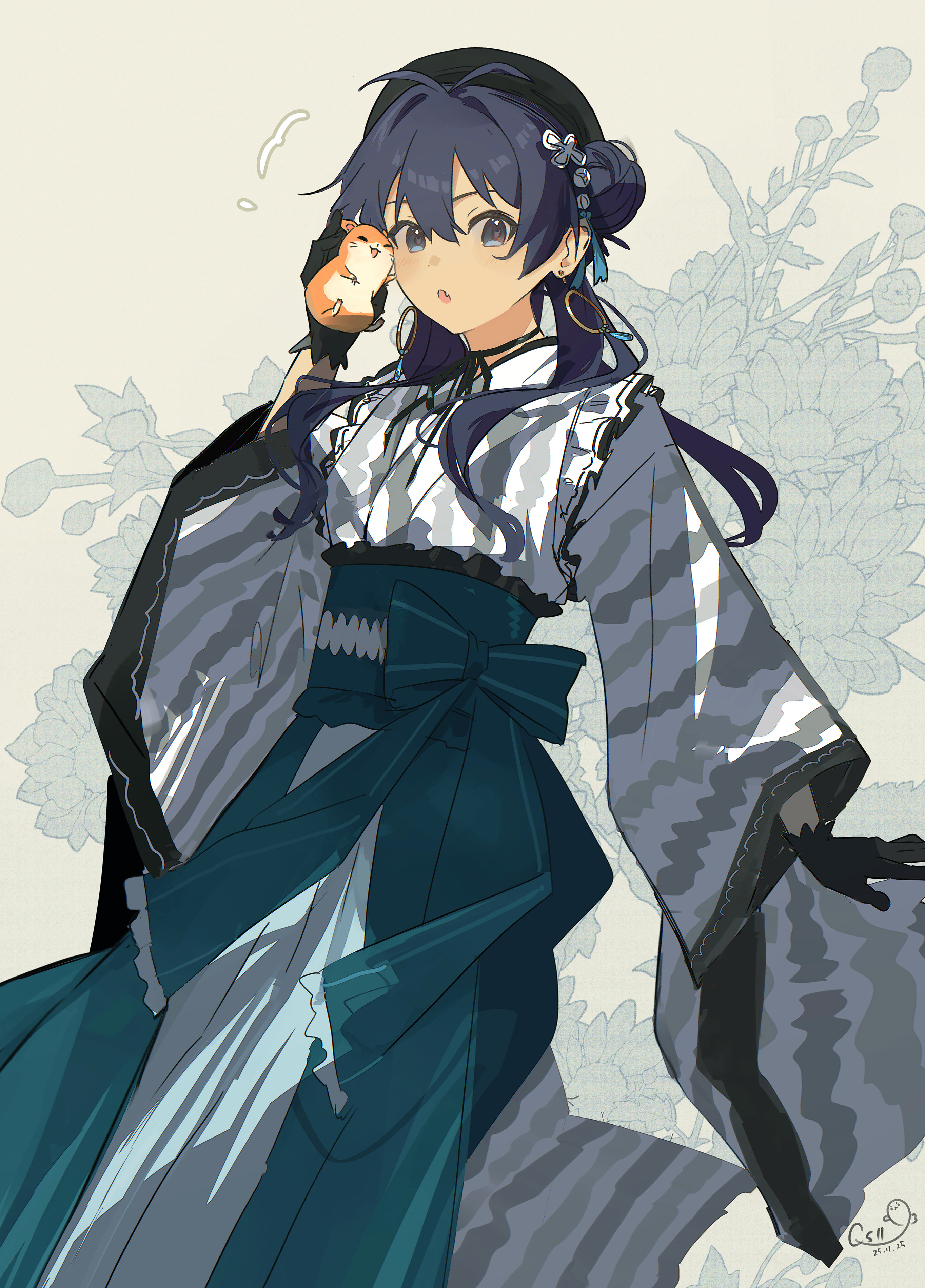 qs11, ganaha hibiki, hamuzou, idolmaster, idolmaster (classic), absurdres, commentary request, highres, 1girl, :o, animal, antenna hair, aqua bow, black gloves, black ribbon, blue eyes, blue hair, bow, choker, earrings, fang, feet out of frame, frilled kimono, frills, gloves, hair bun, hair ornament, hamster, hand up, holding, holding animal, hoop earrings, japanese clothes, jewelry, kimono, long hair, long sleeves, looking at viewer, obi, obiage, open mouth, ribbon, ribbon choker, sash, single hair bun, skin fang, wide sleeves