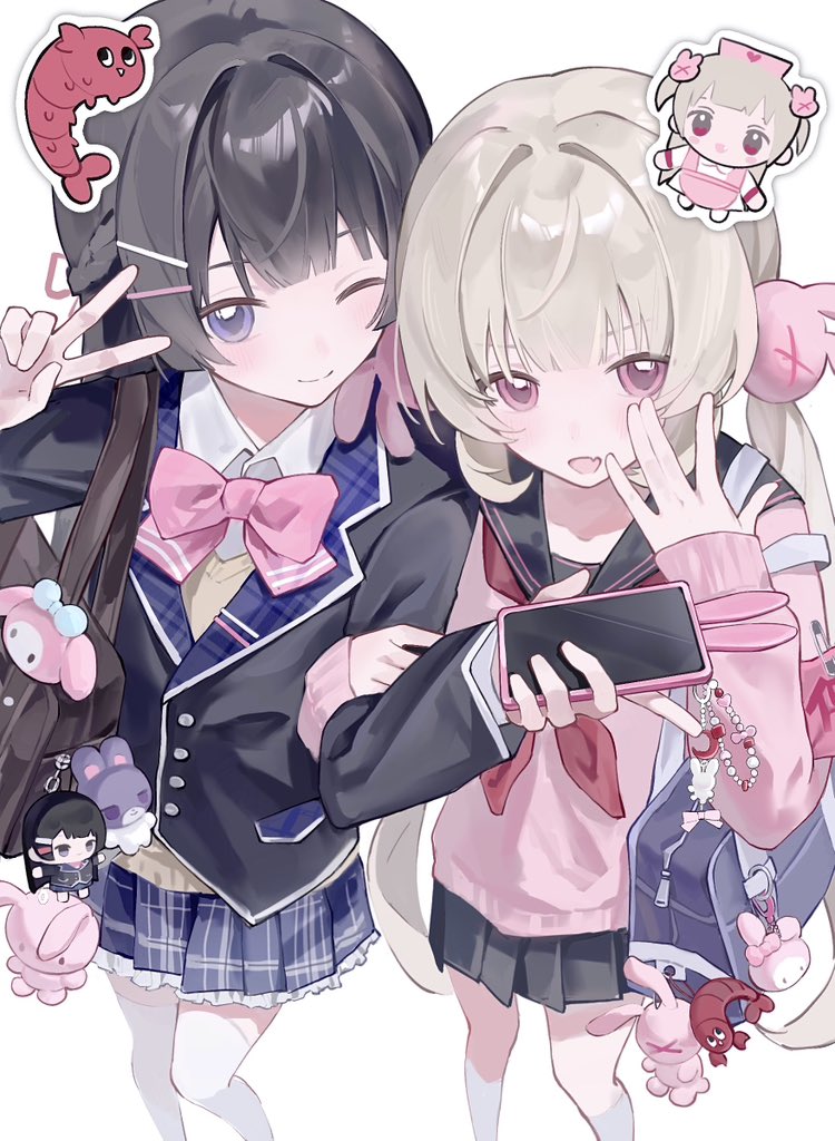 natori sana, natori sana (school uniform), tsukino mito, tsukino mito (1st costume), nijisanji, sana channel, hashtag-only commentary, 2girls, bag, bag charm, black hair, black jacket, black sailor collar, black skirt, blazer, blue eyes, blue skirt, bow, bowtie, brown hair, cardigan, character charm, charm (object), chibi, chibi inset, collared shirt, cowboy shot, guji (gujji 0302), hair ornament, hand up, holding, holding phone, jacket, lapels, long hair, looking at viewer, low twintails, miniskirt, multiple girls, neckerchief, official alternate costume, one eye closed, outline, phone, pink bow, pink bowtie, pink cardigan, pink eyes, pleated skirt, rabbit hair ornament, red neckerchief, sailor collar, school bag, school uniform, serafuku, shirt, shoulder bag, shrimp, simple background, skirt, smile, sticker, stuffed toy, thighhighs, twintails, v, virtual youtuber, white background, white thighhighs, zettai ryouiki