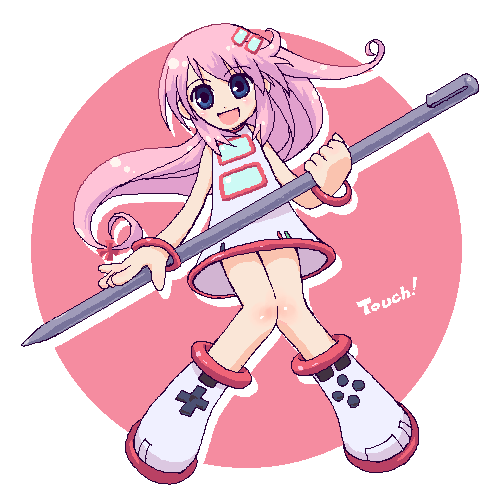 os-tan, lowres, blue eyes, handheld game console, nintendo ds, pen, pink hair, pink theme, smile, stylus