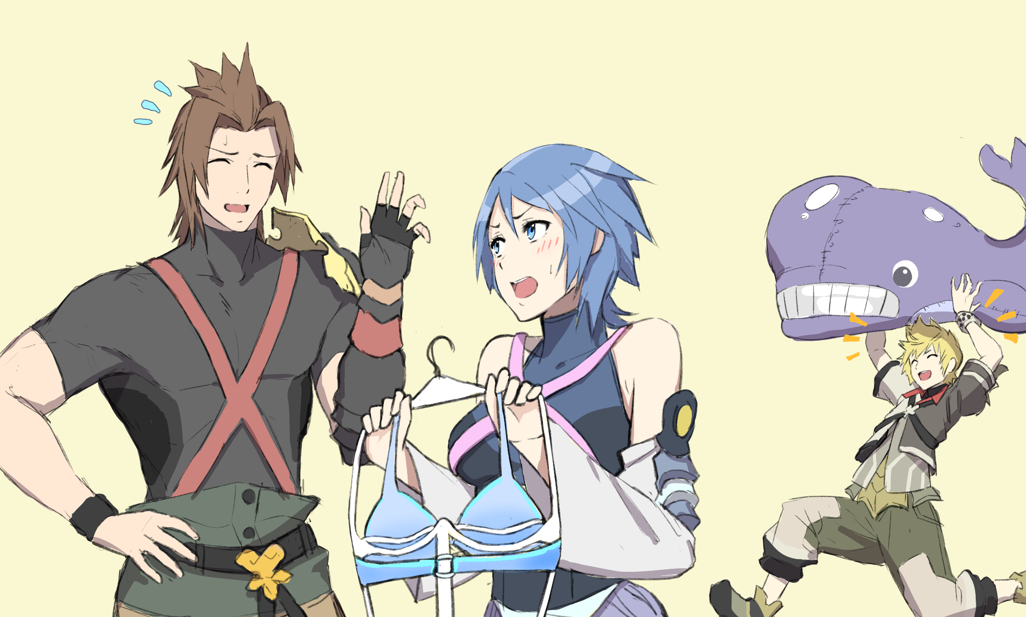 gogo (detteiu de), aqua (kingdom hearts), terra (kingdom hearts), ventus (kingdom hearts), kingdom hearts, kingdom hearts birth by sleep, commentary, highres, 1girl, 2boys, arm armor, armor, arms up, belt, bikini, black belt, black corset, black shirt, blonde hair, blue bikini, blue hair, blush, brown hair, closed eyes, clothes hanger, corset, detached sleeves, embarrassed, false smile, flying sweatdrops, green pants, hand on own hip, hand up, hands up, happy, holding, holding clothes hanger, holding unworn clothes, inflatable toy, inflatable whale, jacket, leg up, medium hair, multicolored jacket, multiple boys, open mouth, pants, parted bangs, pauldrons, running, shirt, short hair, shoulder armor, shoulder strap, simple background, single pauldron, sleeveless, smile, spiked hair, sweatdrop, swimsuit, tight clothes, tight shirt, turtleneck, turtleneck shirt, unworn bikini, wide sleeves, wristband, yellow background