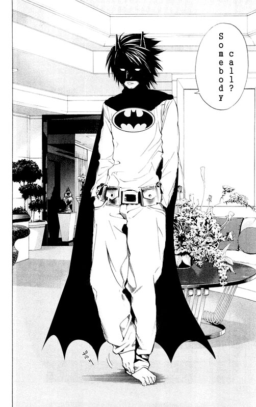 batman, l (death note), batman (series), dc comics, death note, third-party edit, barefoot, bat symbol, batman (cosplay), cape, cosplay, crossover, mask, monochrome, parody