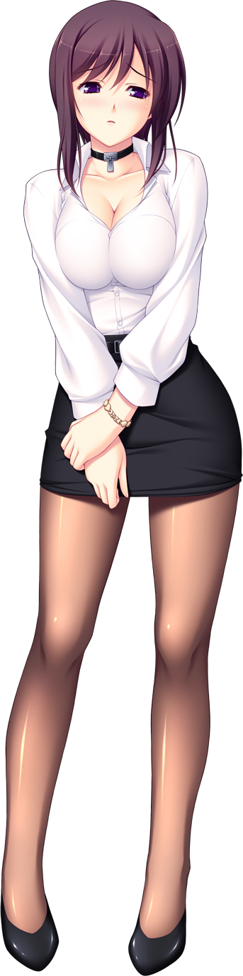 tsukumo kazuita, shizumi suzune, nerawareta megami tenshi angel tear, game cg, highres, large variant set, long image, non-web source, official art, tall image, variant set, 1girl, blush, bracelet, breasts, brown hair, choker, cleavage, full body, high heels, jewelry, large breasts, long hair, long sleeves, looking at viewer, miniskirt, office lady, pantyhose, pencil skirt, purple eyes, short hair, skirt, solo, standing, tachi-e, teacher, transparent background