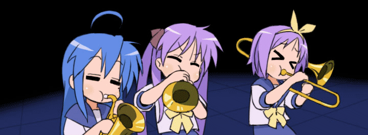 hiiragi kagami, hiiragi tsukasa, izumi konata, lucky star, animated, animated gif, 00s, 3girls, blue hair, closed eyes, hair ribbon, hairband, long hair, mole, mole under eye, multiple girls, purple hair, school uniform, short hair, sisters, twins, twintails, upper body