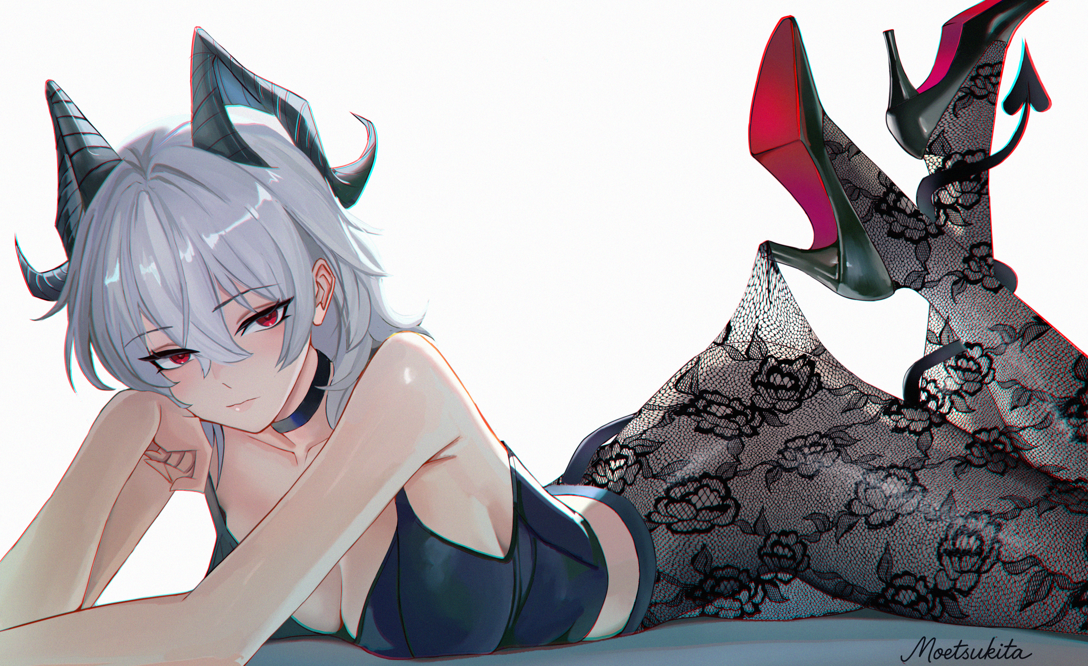 moetsukita, zani (wuthering waves), wuthering waves, absurdres, commentary, english commentary, highres, 1girl, armpit crease, bare shoulders, black choker, black horns, black shirt, black shoes, black tail, breasts, choker, chromatic aberration, closed mouth, collarbone, crop top, curled horns, demon tail, grey hair, hair between eyes, high heels, hooked on heel, horns, lace, lace pantyhose, lace pantyhose hooked on heel (meme), large breasts, long hair, looking at viewer, lying, meme, no pants, on stomach, pantyhose, red eyes, shirt, shoes, signature, solo, tail, the pose