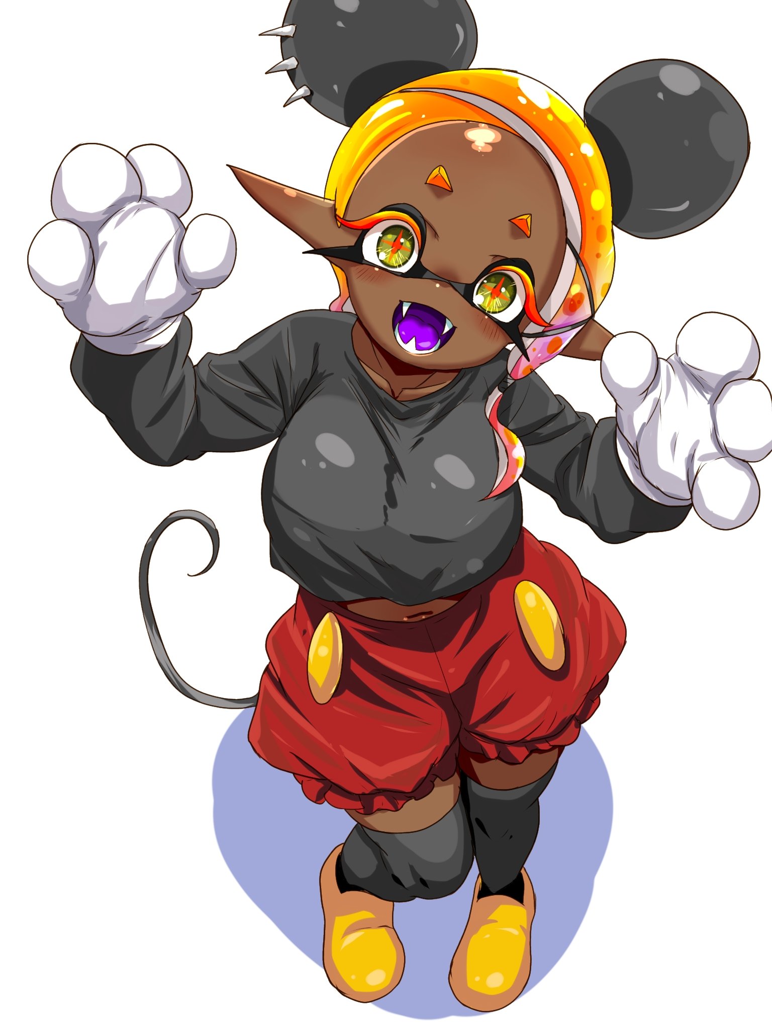 t2ukmyjm, frye (splatoon), mickey mouse, nintendo, splatoon (series), splatoon 3, commentary request, highres, 1girl, :d, alternate costume, animal ears, black shirt, black thighhighs, blonde hair, breasts, colored eyelashes, colored tongue, cosplay, cropped shirt, cross-shaped pupils, dark-skinned female, dark skin, fake animal ears, fake tail, fangs, frilled shorts, frills, full body, gloves, head tilt, inkling, large breasts, long eyelashes, long pointy ears, long sleeves, looking at viewer, medium hair, mickey mouse (cosplay), mickey mouse ears, midriff peek, mouse tail, multicolored hair, navel, open mouth, orange hair, parted bangs, pointy ears, puffy shorts, purple hair, purple tongue, red pupils, red shorts, shirt, shoes, shorts, simple background, smile, solo, standing, symbol-shaped pupils, tail, tentacle hair, thighhighs, white background, white gloves, yellow eyes, yellow shoes