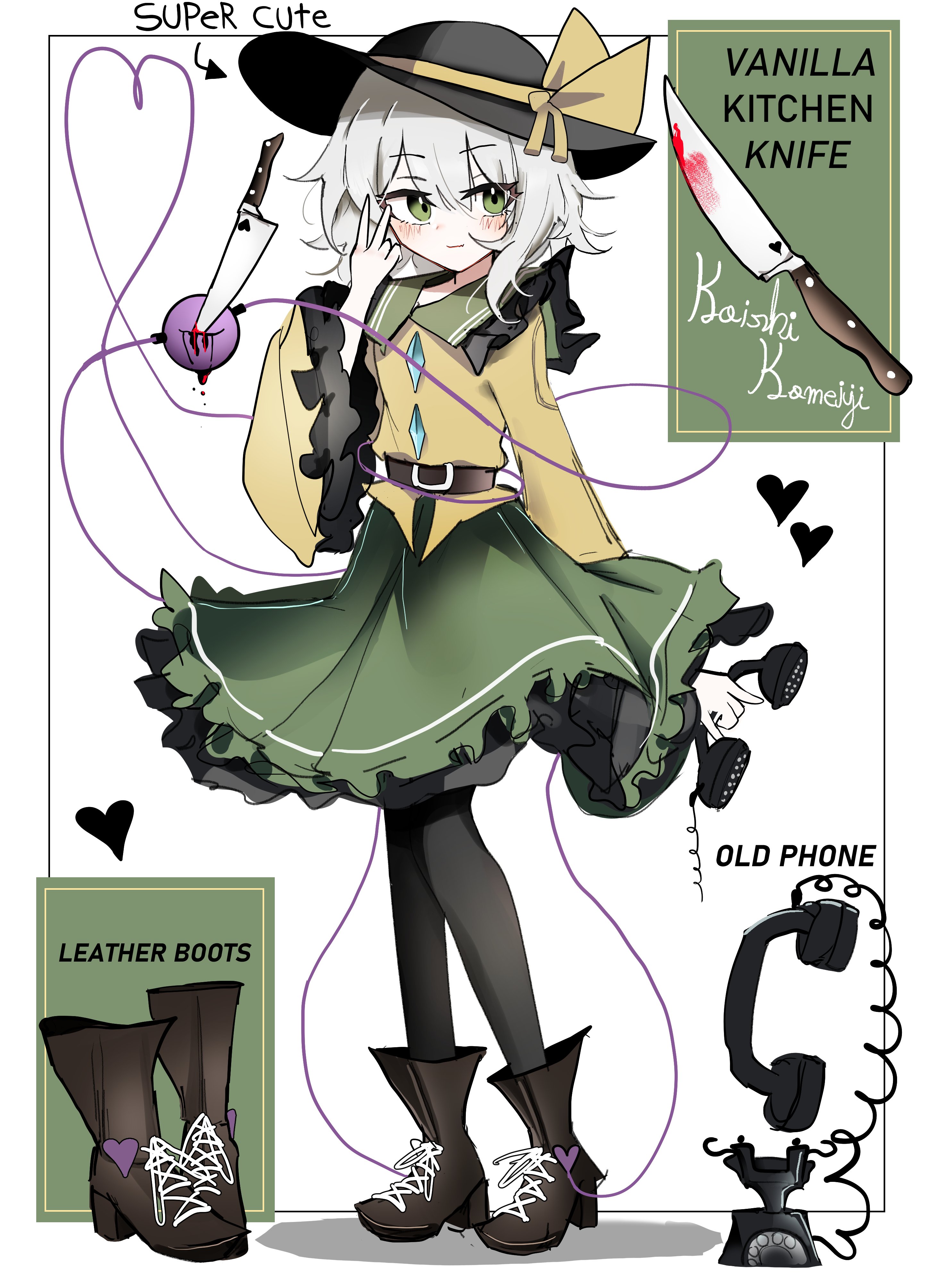 ougiikun, komeiji koishi, touhou, absurdres, commentary, english commentary, highres, 1girl, antique phone, belt, black boots, black hat, black pantyhose, blood, bloody weapon, boots, bow, brown belt, buttons, collared shirt, diamond button, english text, eyeball, frilled shirt collar, frilled sleeves, frills, full body, green eyes, green hair, green skirt, hand up, hat, hat bow, hat ribbon, heart, heart of string, holding, holding phone, knife, long sleeves, looking at viewer, medium hair, pantyhose, phone, ribbon, shirt, skirt, smile, solo, stab, standing, third eye, v, weapon, wide sleeves, yellow bow, yellow ribbon, yellow shirt