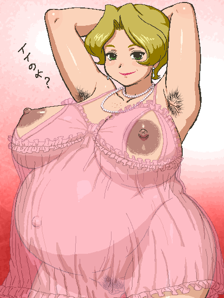 tenseiani, translated, 1girl, armpit hair, armpits, arms behind back, arms behind head, blonde hair, blush, breasts, closed mouth, female pubic hair, green eyes, huge belly, huge breasts, jewelry, lingerie, looking at viewer, navel, necklace, nipple cutout, nippleless clothes, nipples, oekaki, pregnant, pubic hair, pussy, see-through clothes, short hair, simple background, smile, standing, uncensored, underwear
