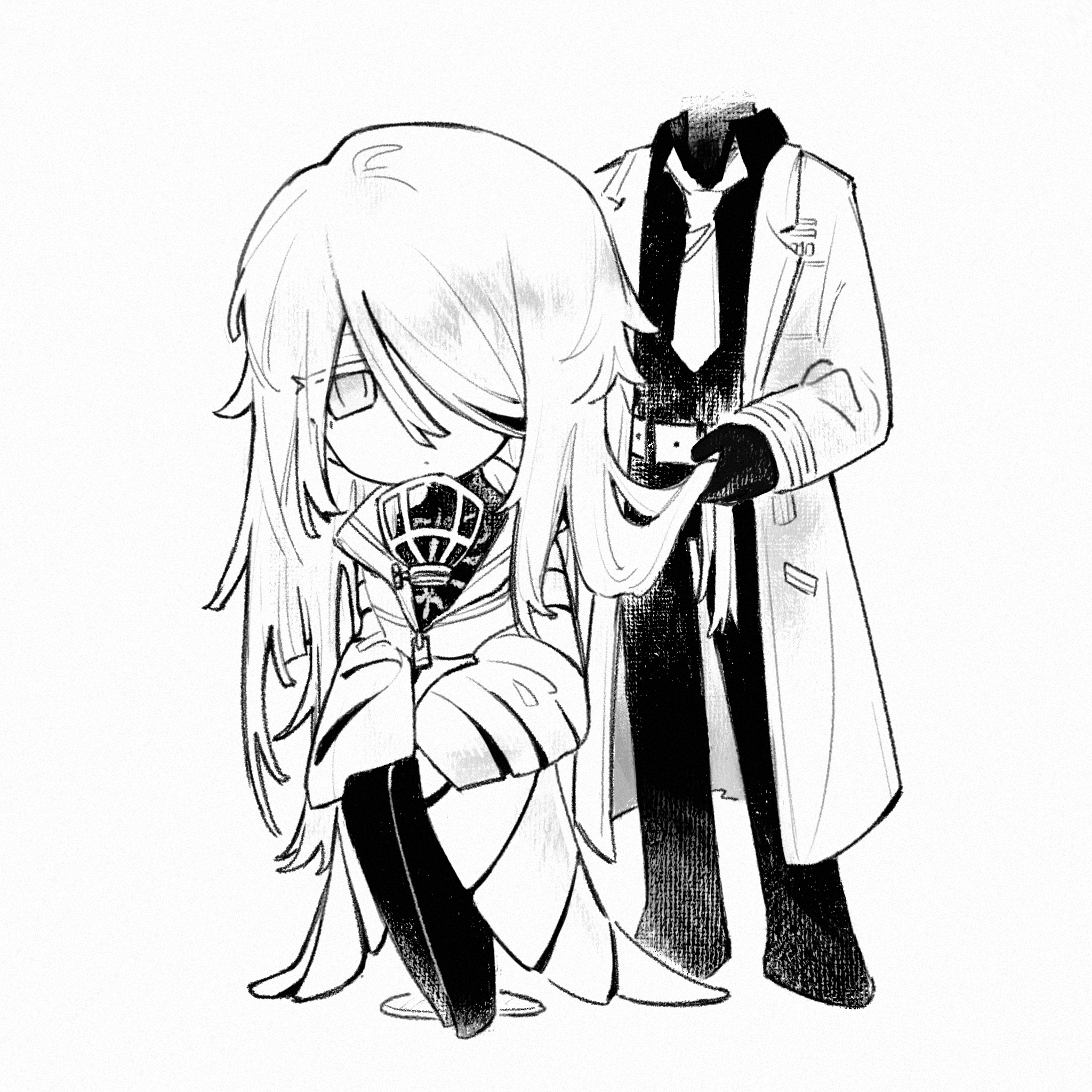 ivy (675671), dante (limbus company), faust (project moon), limbus company, project moon, chinese commentary, commentary request, highres, 1girl, 1other, alternate hair length, alternate hairstyle, belt, coat, collared shirt, dated commentary, e.g.o (project moon), full body, greyscale, hair over one eye, holding another's hair, kishimen hair, lapels, long hair, long sleeves, mask, monochrome, necktie, notched lapels, pants, respirator, shirt, simple background, sleeves past fingers, sleeves past wrists, thoracalgia (e.g.o), very long hair