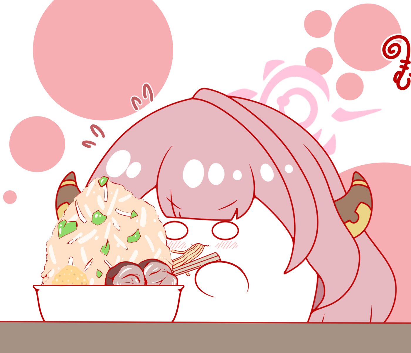 kurukurumagical, aru (blue archive), blue archive, commentary request, highres, blush, brown hair, chopsticks, closed mouth, eating, flying sweatdrops, food, halo, holding, holding chopsticks, horns, long hair, noodles, ramen, solo, v-shaped eyebrows, white background, wide oval eyes