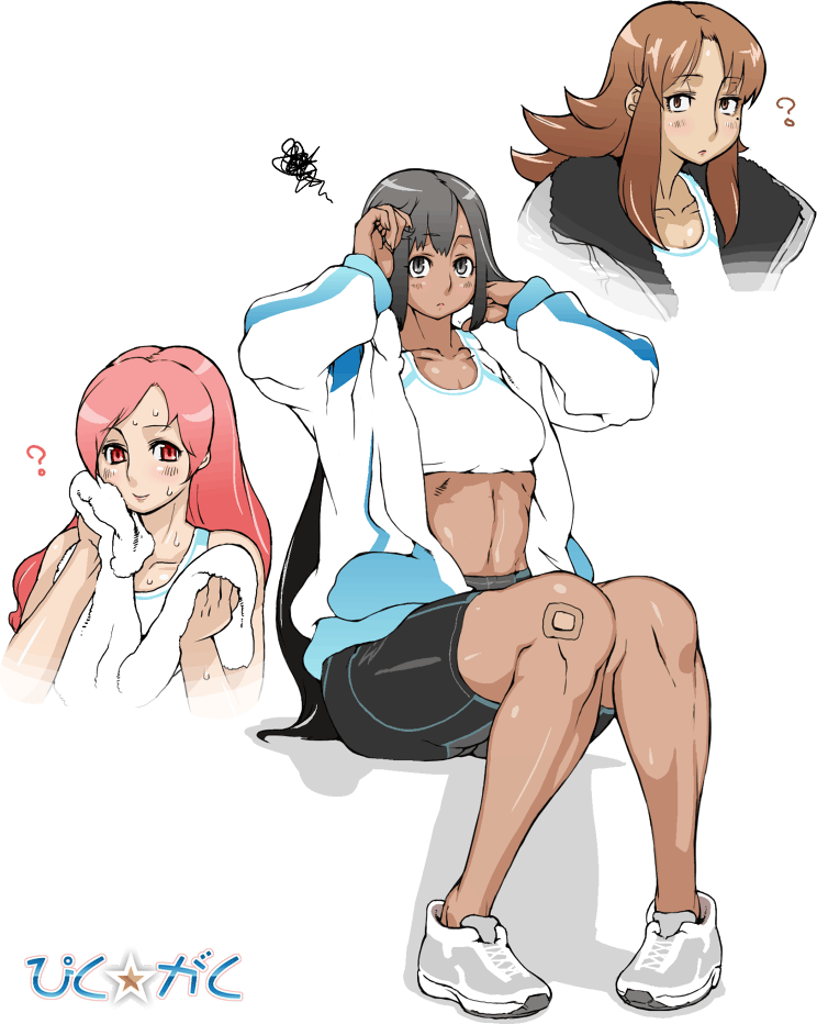 nezunezu, translation request, 3girls, ?, bandaid, bike shorts, jacket, long hair, mole, multiple girls, pink hair, red eyes, simple background, sitting, smile, sweat, towel