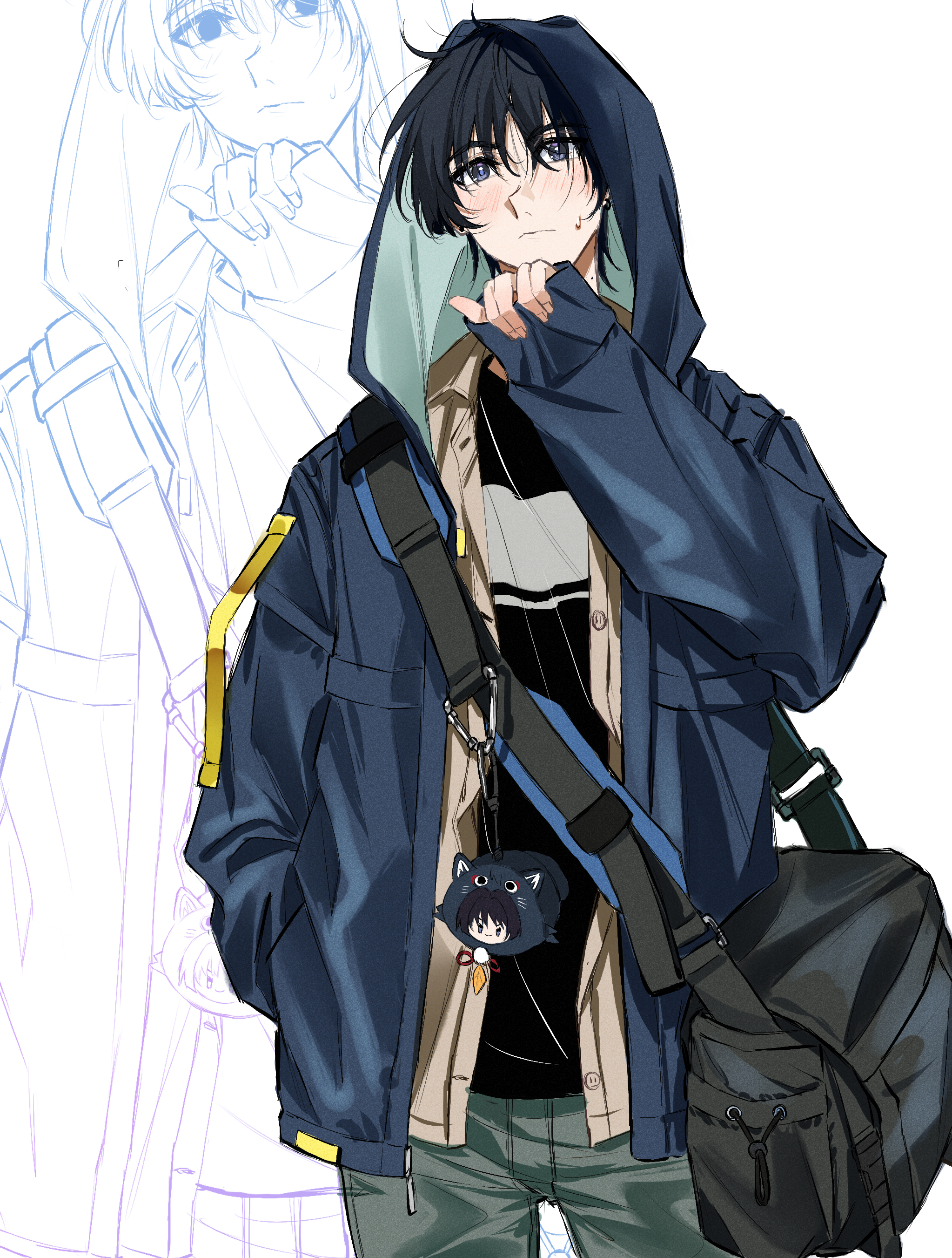 dintoge, scaramouche (cat) (genshin impact), scaramouche (genshin impact), genshin impact, absurdres, hashtag-only commentary, highres, 1boy, alternate costume, aqua jacket, bag, black bag, black hair, black shirt, blue hood, blue jacket, blunt ends, blush, casual, choppy bangs, closed mouth, contemporary, fingernails, green pants, hand in pocket, hand up, hood, hood up, hooded jacket, jacket, looking at viewer, male focus, open clothes, open jacket, pants, purple eyes, shirt, shoulder bag, sleeves past wrists, solo, stuffed toy, sweatdrop, two-sided fabric, two-sided hood, two-sided jacket, undershirt, white background, zoom layer
