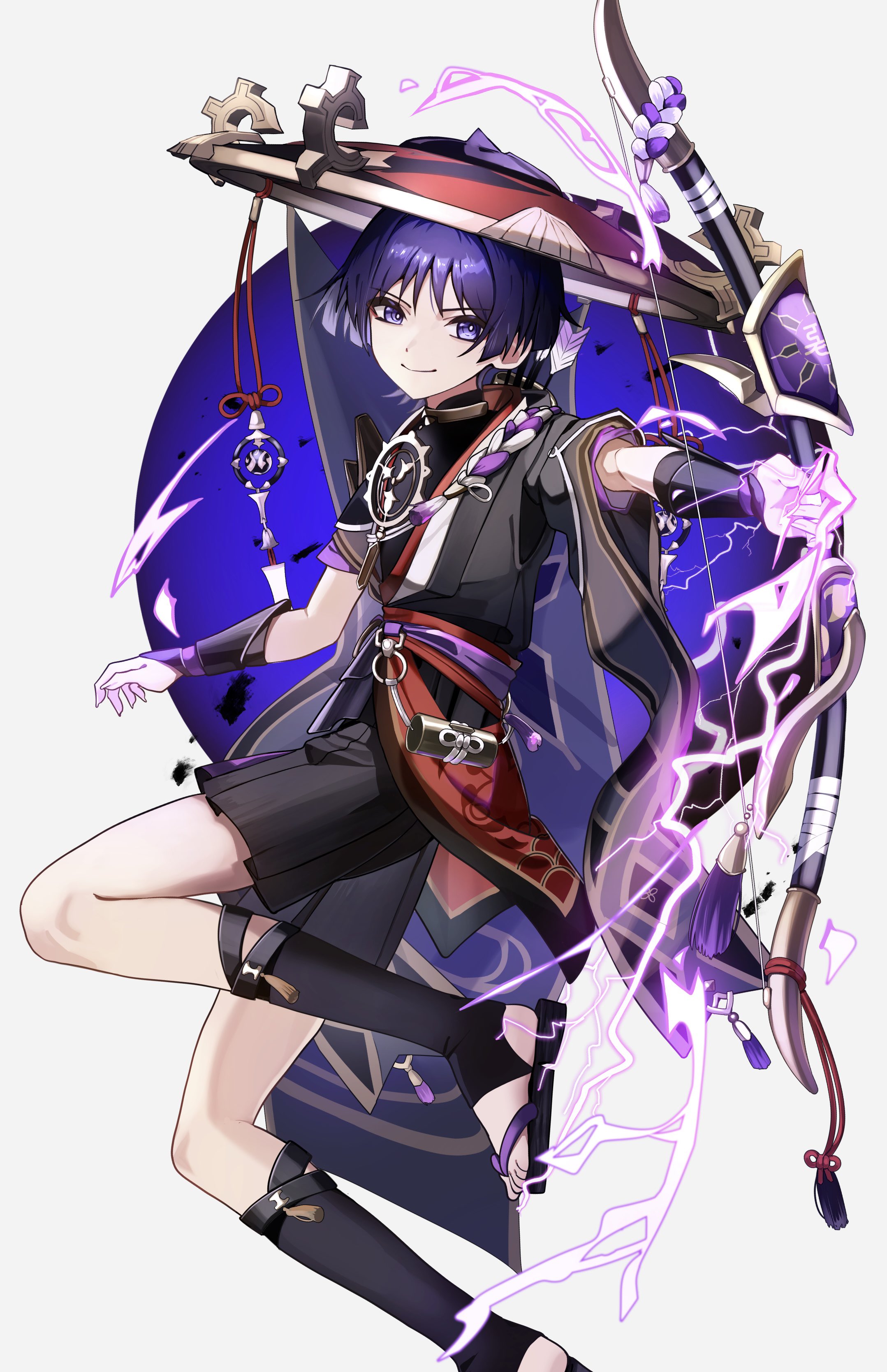 aomiya souju, scaramouche (genshin impact), genshin impact, absurdres, commentary request, highres, 1boy, arm at side, armor, arrow (projectile), black bodysuit, black sandals, black shorts, black sleeves, blunt ends, bodysuit, bow (weapon), bridal legwear, bright pupils, clenched hand, closed mouth, eyeliner, eyeshadow, fingernails, furisode, gold, gold trim, grey veil, hat, holding, holding bow (weapon), holding weapon, japanese armor, japanese clothes, jewelry, jingasa, kimono, kote, kurokote, layered sleeves, looking at viewer, makeup, male focus, mandarin collar, mask on hat, mitsudomoe (shape), neck ring, o-ring, open hand, outstretched arm, pleated shorts, purple electricity, purple eyes, purple hair, purple mask, purple rope, purple sash, purple sleeves, quiver, red eyeliner, red eyeshadow, red hat, red sash, rope, sandals, sash, shimenawa, short sleeves, shorts, simple background, smile, solo, stirrup legwear, tassel, toeless legwear, toes, tomoe (symbol), tsurime, veil, weapon, white background, white pupils, white rope, wispy bangs, zouri