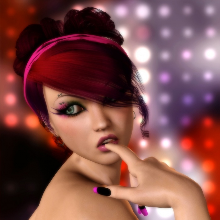 1girl, 3d, female focus, green eyes, nail polish, pink hair, pink nails, portrait, red theme, solo