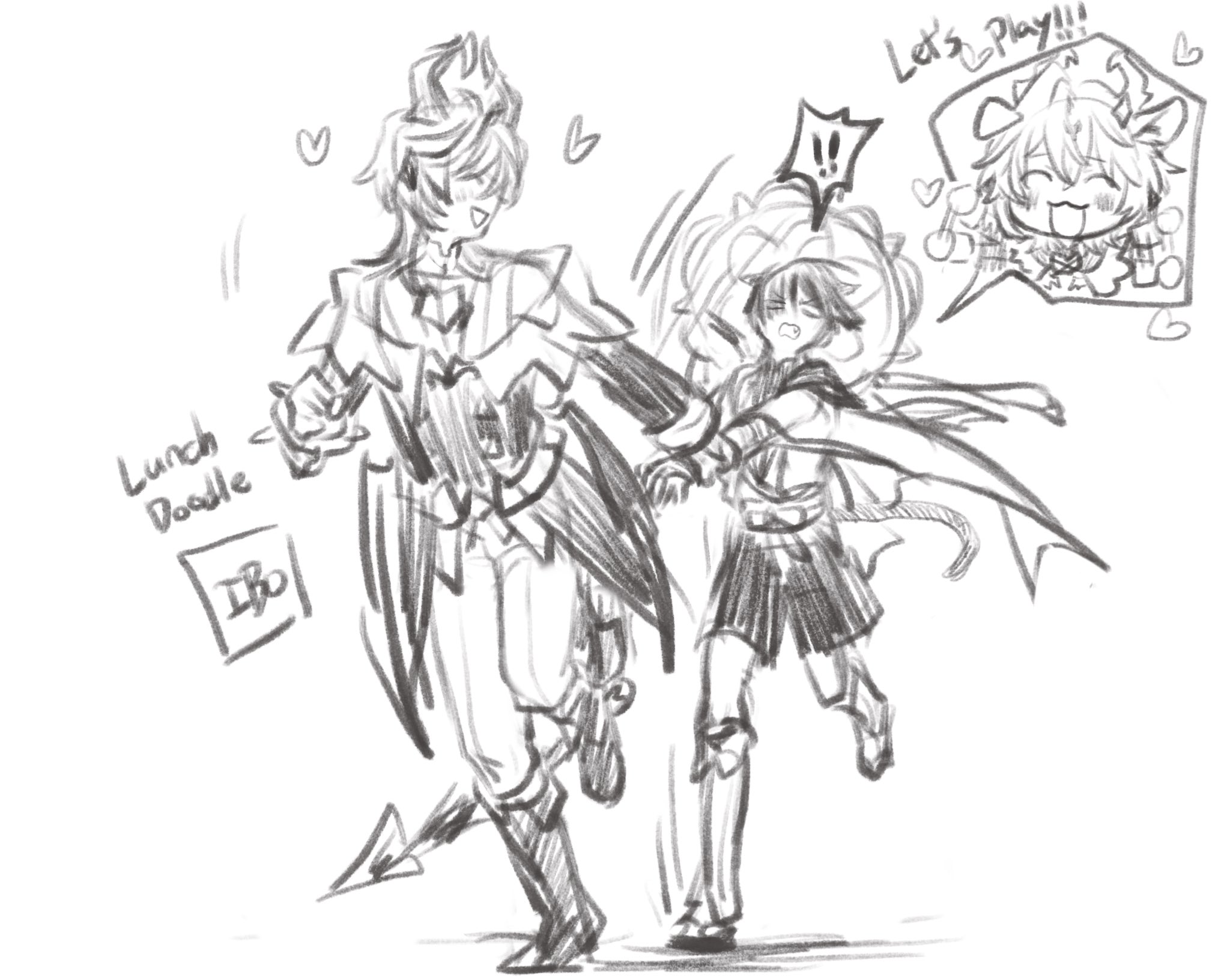 49ibo240, mini durin (genshin impact), mini durin (human) (genshin impact), scaramouche (genshin impact), wanderer (genshin impact), genshin impact, commentary request, highres, korean commentary, !, !!, 2boys, artist name, blank eyes, boots, bow, clenched hand, coat, coattails, dragon boy, dragon horns, dragon wings, english text, facing another, fang, furisode, gloves, greyscale, happy, hat, hatching (texture), heart, holding another's wrist, horns, japanese clothes, jingasa, kimono, leg warmers, long sleeves, low wings, mandala, monochrome, multiple boys, open mouth, pants, pulling, shorts, sketch, spoken character, spoken exclamation mark, toeless legwear, waving arms, wings