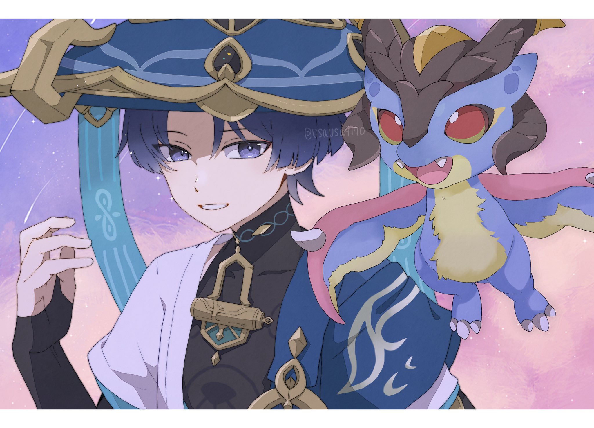 mini durin (dragon) (genshin impact), mini durin (genshin impact), scaramouche (genshin impact), wanderer (genshin impact), genshin impact, commentary request, highres, 1boy, black bodysuit, black bridal gauntlets, blue cape, blue hat, blue sleeves, blunt ends, bodysuit, border, bridal gauntlets, bright pupils, cape, covered collarbone, dragon, eyeliner, eyeshadow, gold, grin, hand up, hat, japanese clothes, jingasa, kimono, layered sleeves, letterboxed, looking at viewer, looking past viewer, makeup, male focus, mandarin collar, open clothes, open hand, open kimono, pink clouds, purple eyes, purple hair, purple sky, red eyeliner, red eyeshadow, shooting star, short sleeves, shoulder peek, sky, small dragon, smile, star (sky), starry sky, teeth, tsurime, twitter username, usausa9170, white border, white kimono, white pupils, white sleeves, white trim