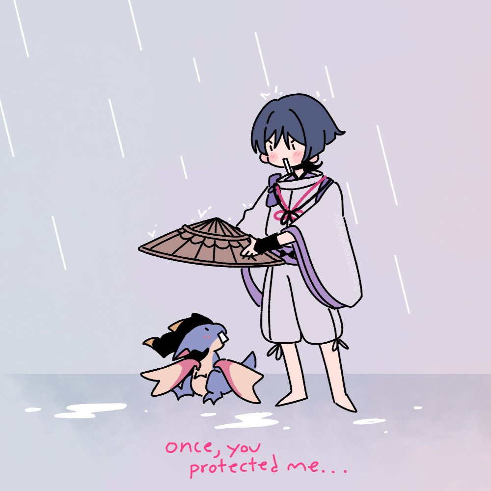 mini durin (dragon) (genshin impact), mini durin (genshin impact), scaramouche (genshin impact), scaramouche (kabukimono) (genshin impact), genshin impact, commentary, english commentary, . ., 1boy, aracanthus38633, armor, barefoot, black eyes, black hair, blunt ends, brown hat, clothing cutout, dragon, english text, grey background, hat, japanese armor, japanese clothes, kariginu, kote, kurokote, layered sleeves, looking down, male focus, open mouth, outdoors, pants, purple sash, purple sleeves, rain, rectangular mouth, sash, shoulder cutout, small dragon, standing, straw hat, string, tasuki, white mouth, white pants, white sleeves, wide sleeves, wispy bangs