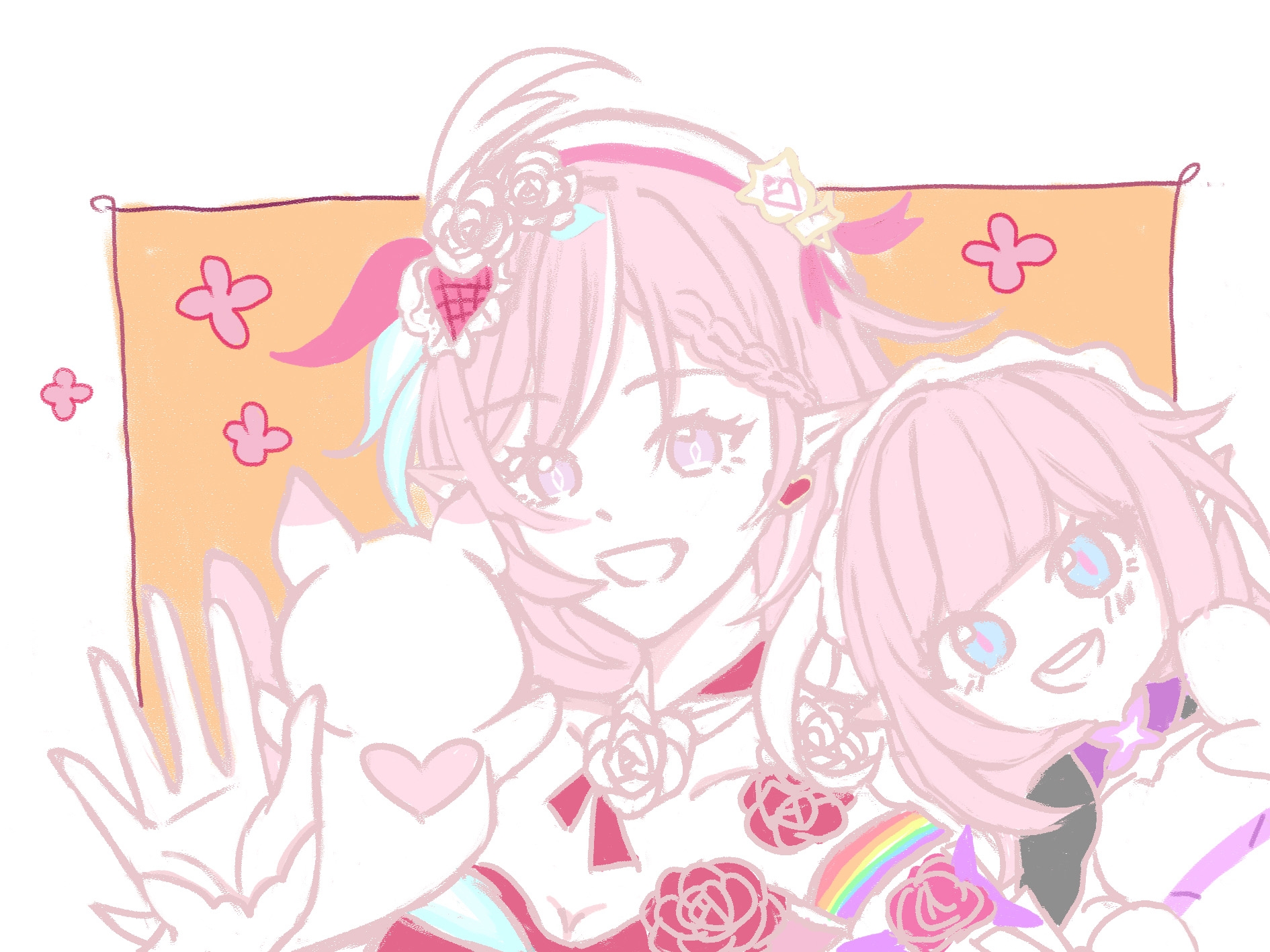 elf elysia, elysia (hi love elf) (honkai impact), elysia (honkai impact), honkai (series), honkai impact 3rd, chinese commentary, commentary request, highres, 2girls, beret, blue eyes, border, breasts, cleavage, dress, earrings, elf, hat, heart, heart earrings, jewelry, large breasts, little messenger (honkai impact), long hair, looking at viewer, multicolored hair, multiple girls, orange background, pink hair, pointy ears, purple eyes, red dress, small breasts, two-tone hair, upper body, very long hair, white border, white dress, white hair, yan0868144