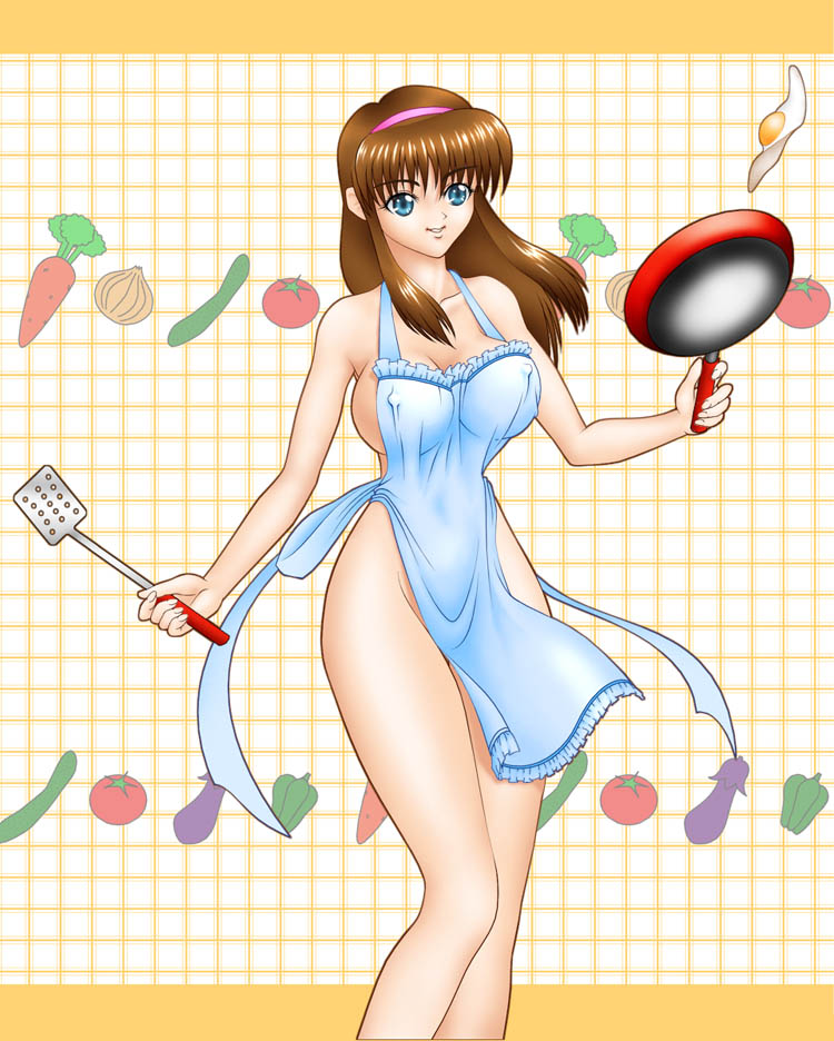 hitomi (doa), dead or alive, tecmo, 1girl, apron, blue eyes, breasts, brown hair, cooking, covered erect nipples, female focus, frying pan, headband, naked apron, solo, spatula