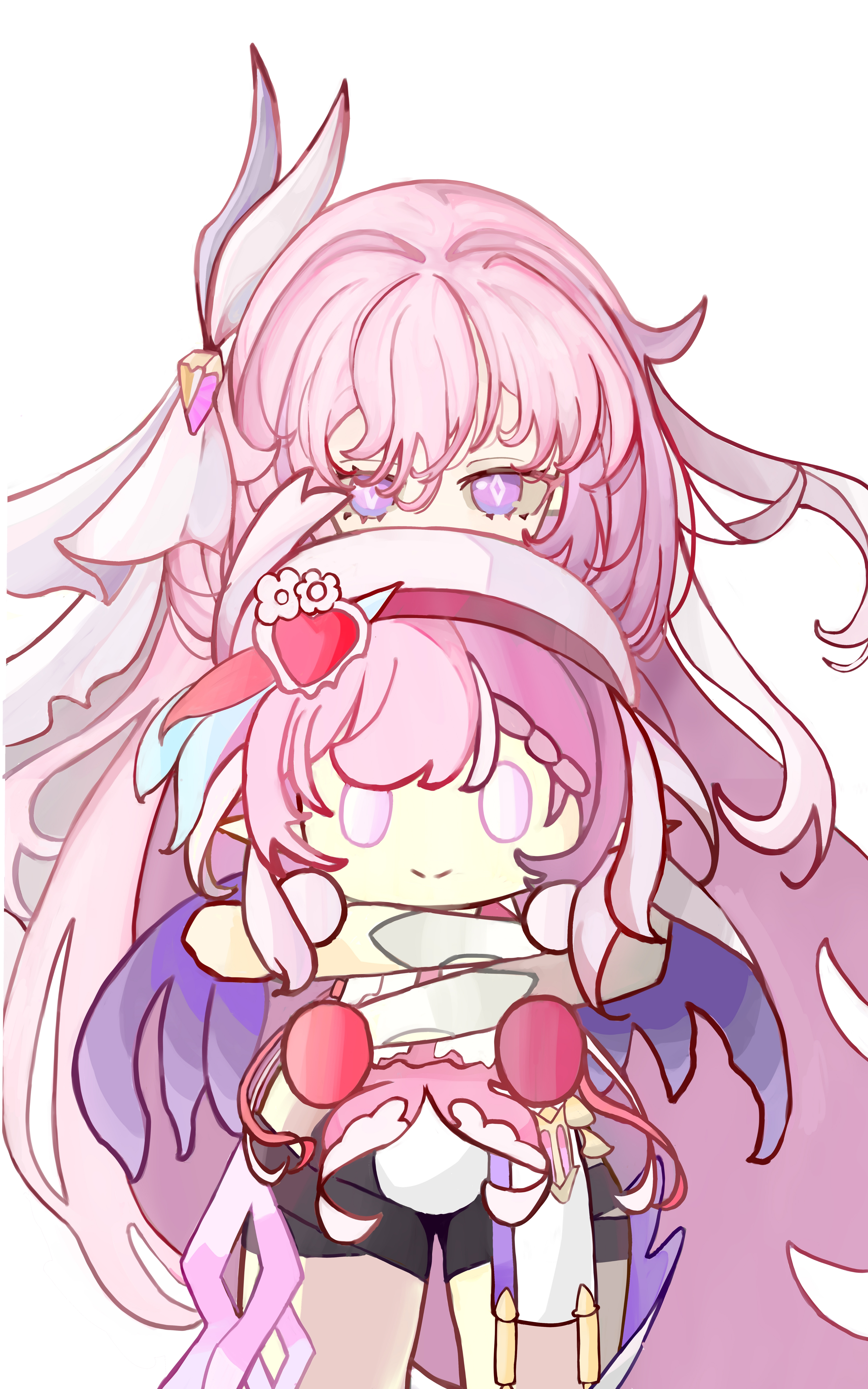 elysia (herrscher of human: ego) (honkai impact), elysia (hi love elf) (honkai impact), elysia (honkai impact), honkai (series), honkai impact 3rd, absurdres, chinese commentary, commentary request, highres, 1girl, black shorts, character doll, doll, hair ornament, holding, holding stuffed toy, lishang81060, looking at viewer, pink hair, purple eyes, shorts, simple background, solo, stuffed animal, stuffed toy, white background, white hair