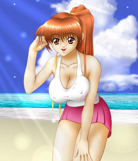 kasumi (doa), dead or alive, tecmo, 1girl, beach, breasts, covered erect nipples, female focus, miniskirt, outdoors, skirt, sky, solo, tank top