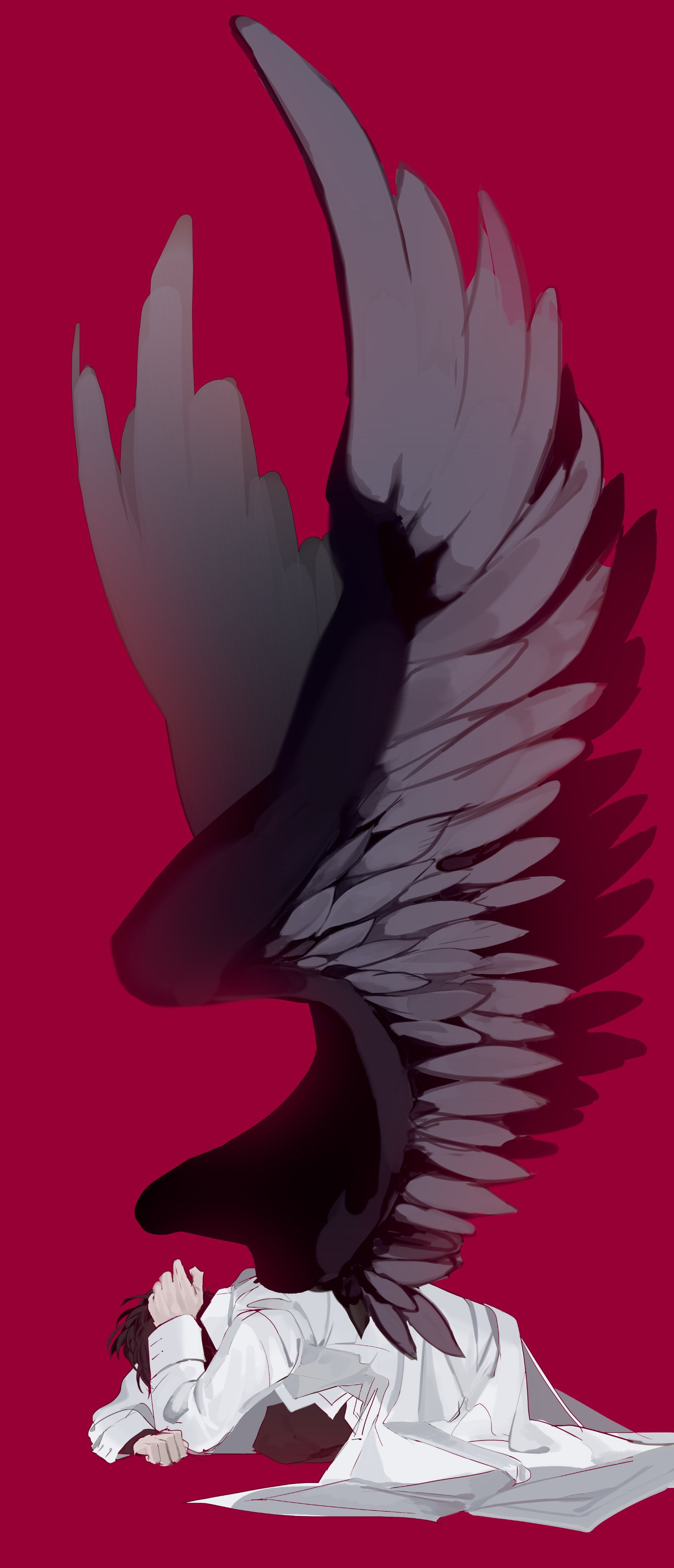 hayu beck, kim dokja, omniscient reader's viewpoint, absurdres, commentary request, highres, korean commentary, 1boy, black hair, black wings, coat, covering head, curled up, elbow rest, feathered wings, full body, male focus, official alternate costume, on ground, open clothes, open coat, short hair, solo, white coat, wings