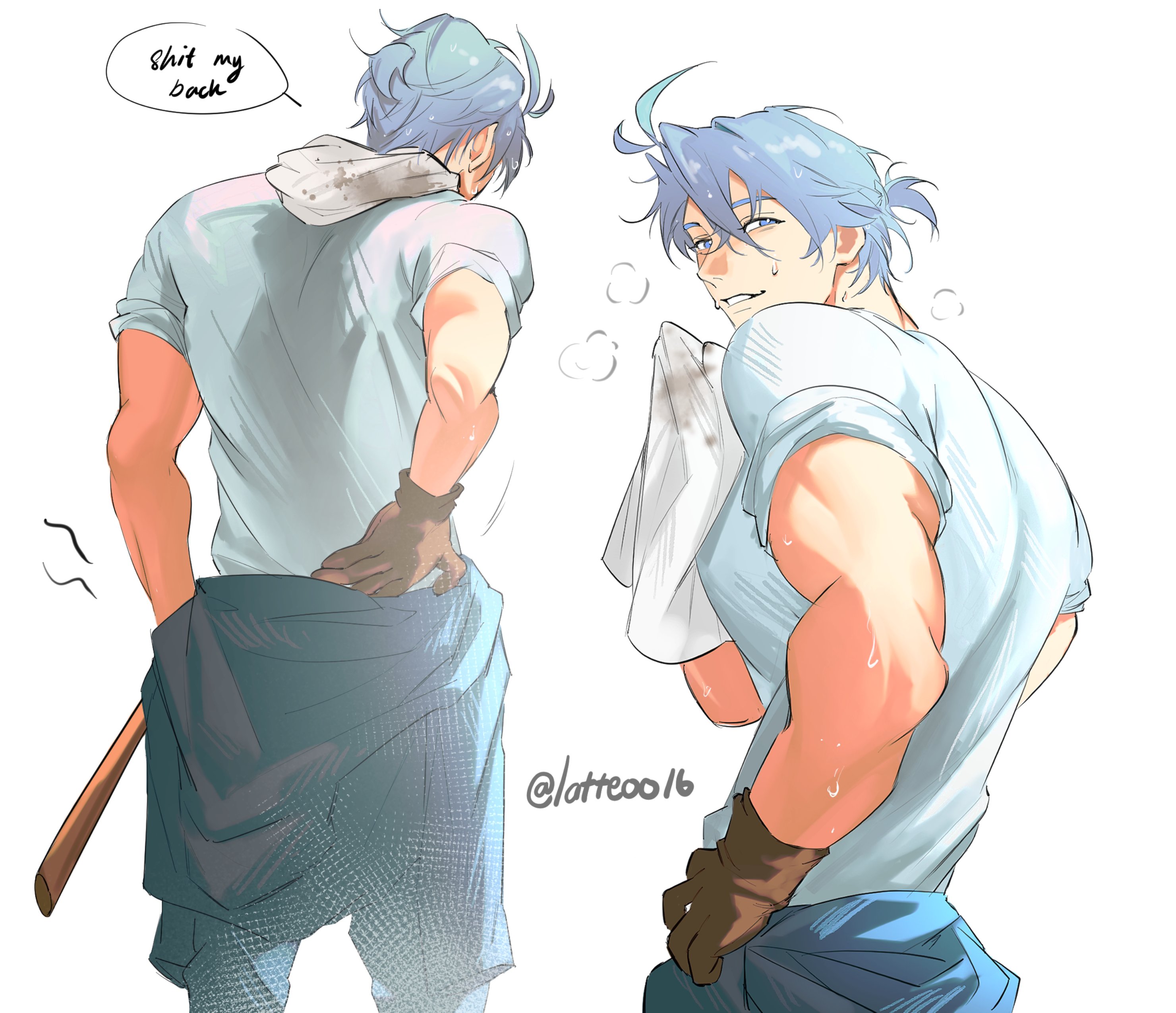 phainon (honkai: star rail), honkai: star rail, honkai (series), absurdres, hashtag-only commentary, highres, 1boy, antenna hair, biceps, blue eyes, blue hair, brown gloves, clothes around waist, english text, from behind, gloves, holding, holding towel, jacket, jacket around waist, latteoo16, looking at viewer, looking back, male focus, multiple views, muscular, muscular male, puff of air, shirt, short hair, speech bubble, sweat, teeth, towel, towel around neck, twitter username, wet, wet clothes, wet shirt