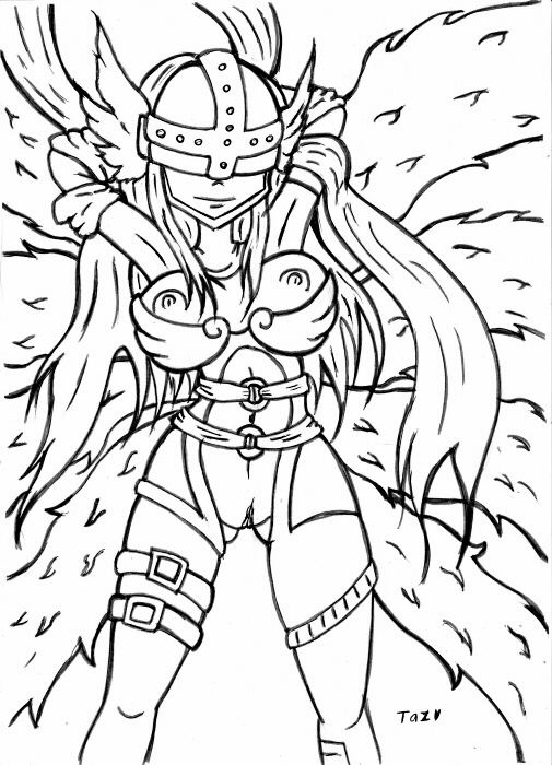 angewomon, digimon, digimon frontier, artist request, 00s, 1girl, armor, breasts, female focus, long hair, monochrome, monster girl, pussy, solo, uncensored, wings
