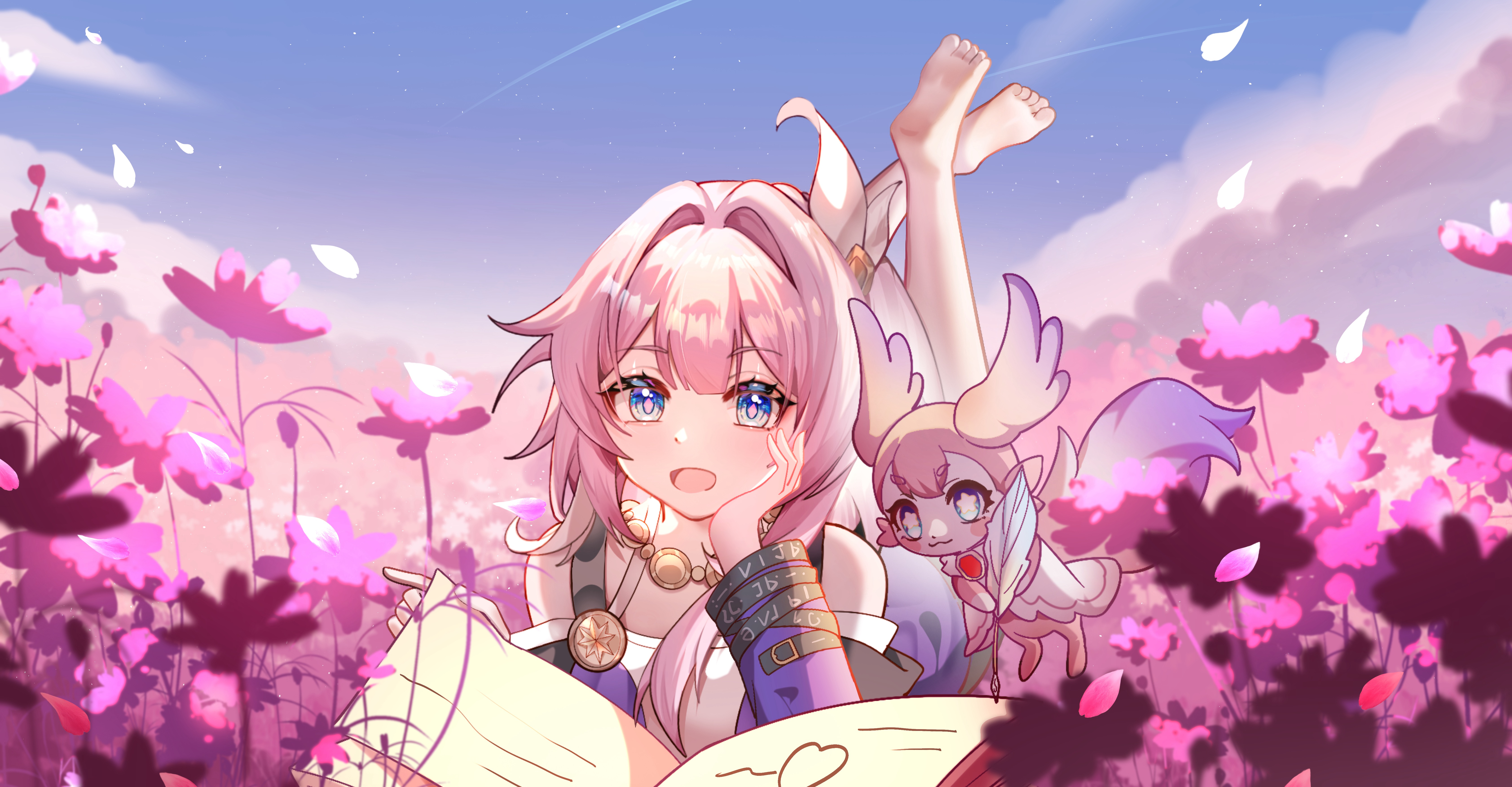 cyrene (aedes elysiae) (honkai: star rail), cyrene (honkai: star rail), mem (honkai: star rail), honkai: star rail, honkai (series), absurdres, chinese commentary, commentary request, highres, 1girl, barefoot, blue eyes, blue sky, book, coat, dress, falling petals, feet, holding, holding quill, jewelry, lying, mengyunyan23608, multicolored hair, necklace, on stomach, open book, petals, purple coat, quill, short hair, sky, soles, solo, the pose, toes, two-tone hair, white dress, white hair