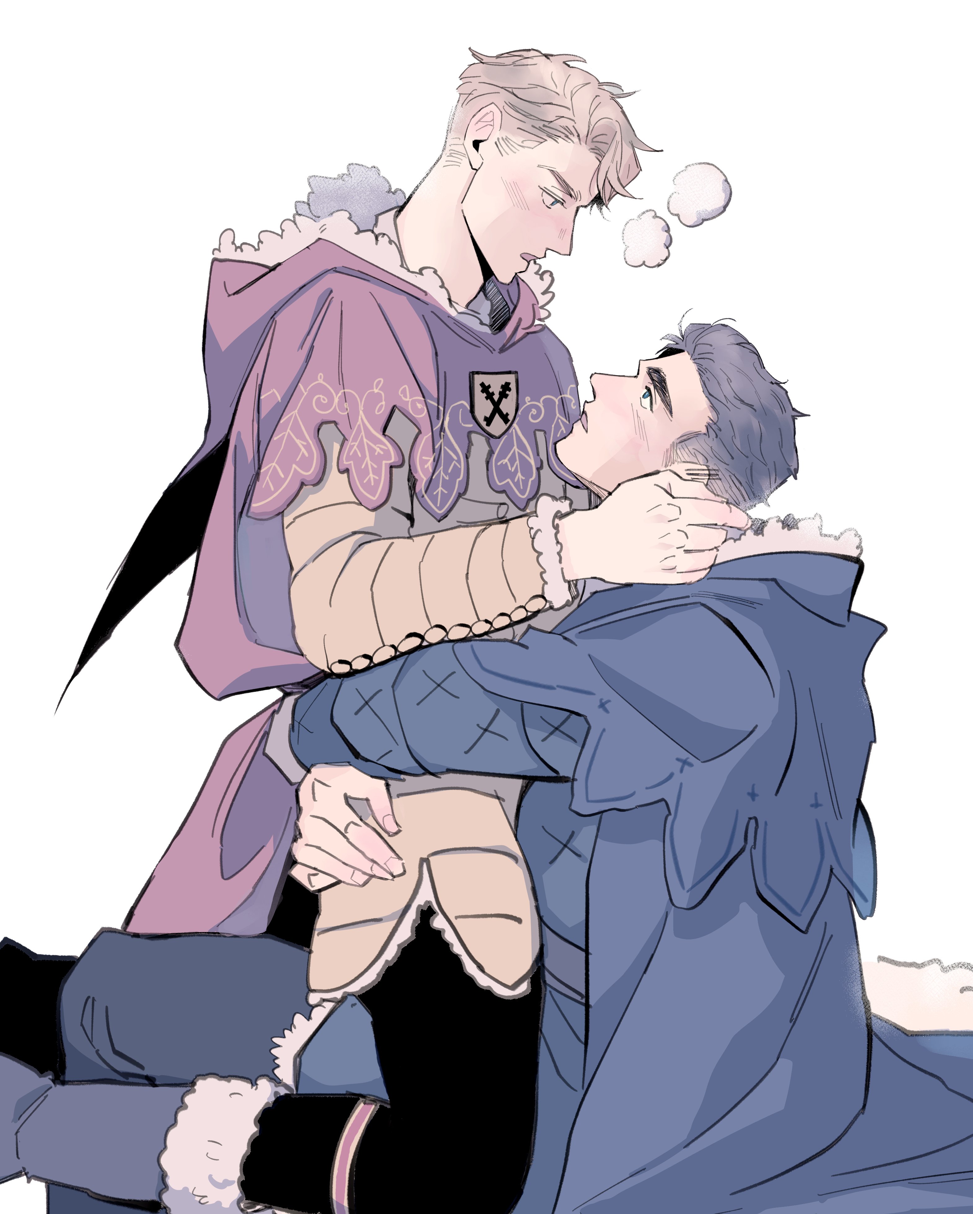 hans capon, henry of skalitz, kingdom come: deliverance ii, absurdres, commentary, english commentary, highres, 2boys, arms around waist, black capelet, blonde hair, brown hair, capelet, eye contact, fur-trimmed capelet, fur-trimmed sleeves, fur trim, head back, kneeling, long sleeves, looking at another, male focus, multiple boys, nearest s, open mouth, pants, simple background, sitting, white background, white fur, yaoi