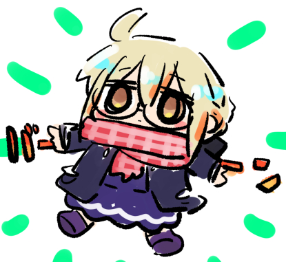 kasuga yuuki, artoria pendragon (fate), mysterious heroine x alter (fate), fate/grand order, fate (series), commentary request, lowres, translation request, 1girl, ahoge, black-framed eyewear, black jacket, blonde hair, brown eyes, chibi, closed mouth, full body, glasses, hair between eyes, jacket, open clothes, open jacket, purple shirt, purple shoes, purple skirt, red scarf, scarf, semi-rimless eyewear, shirt, shoes, skirt, solo, under-rim eyewear, white background